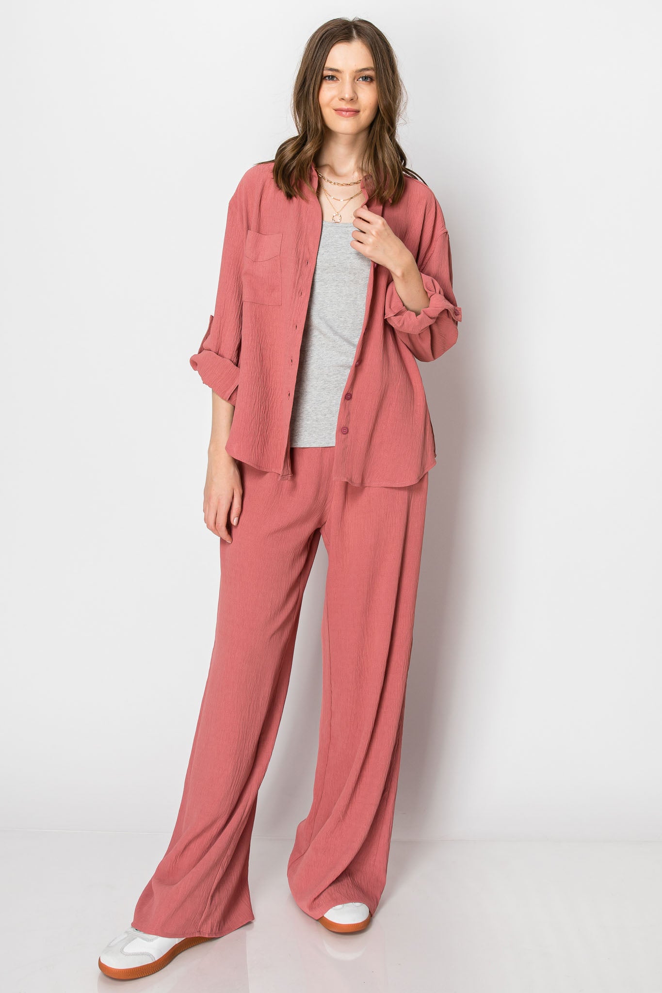 COLLARED BUTTON DOWN WIDE LEG PANT SET