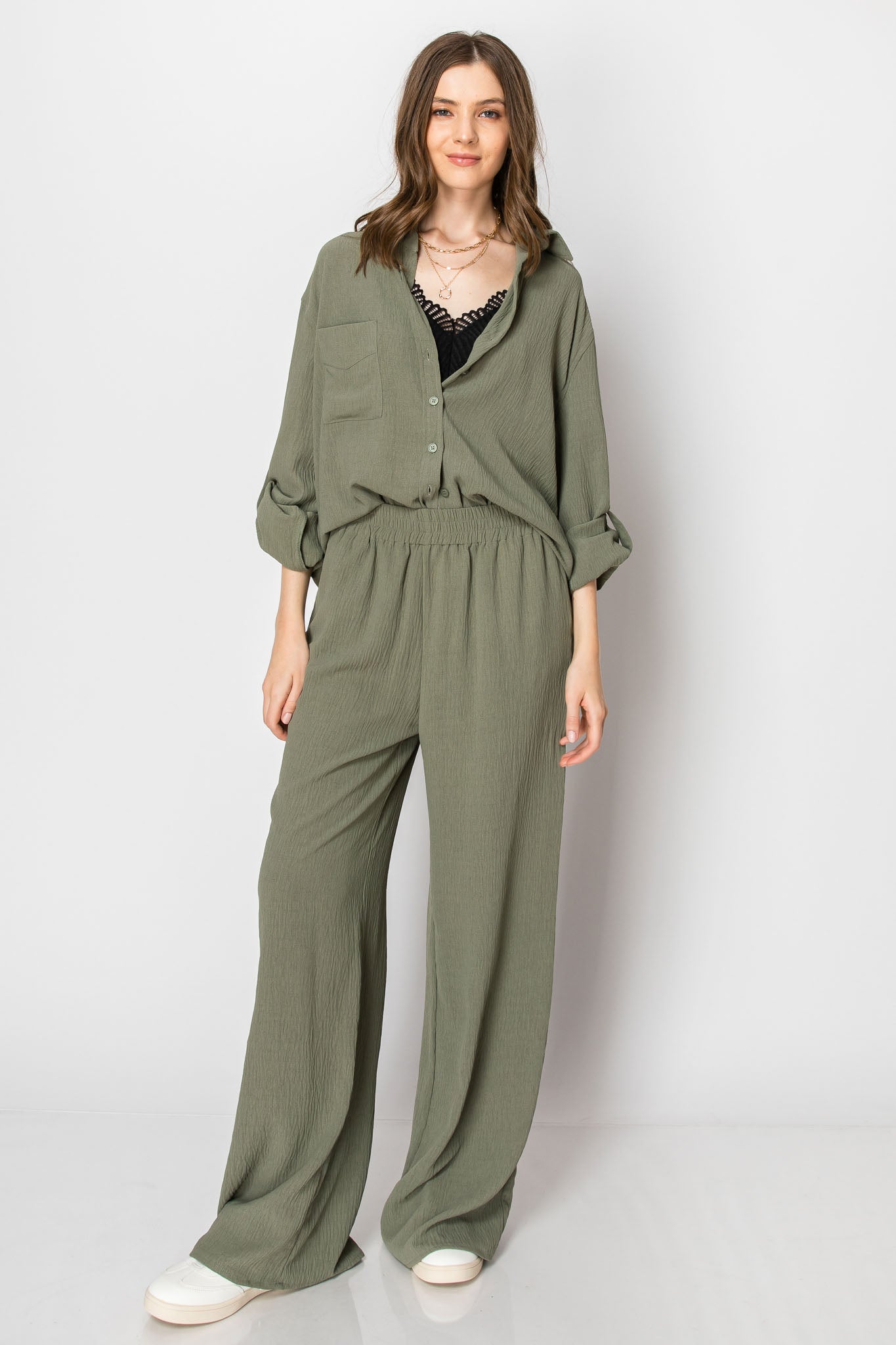 COLLARED BUTTON DOWN WIDE LEG PANT SET