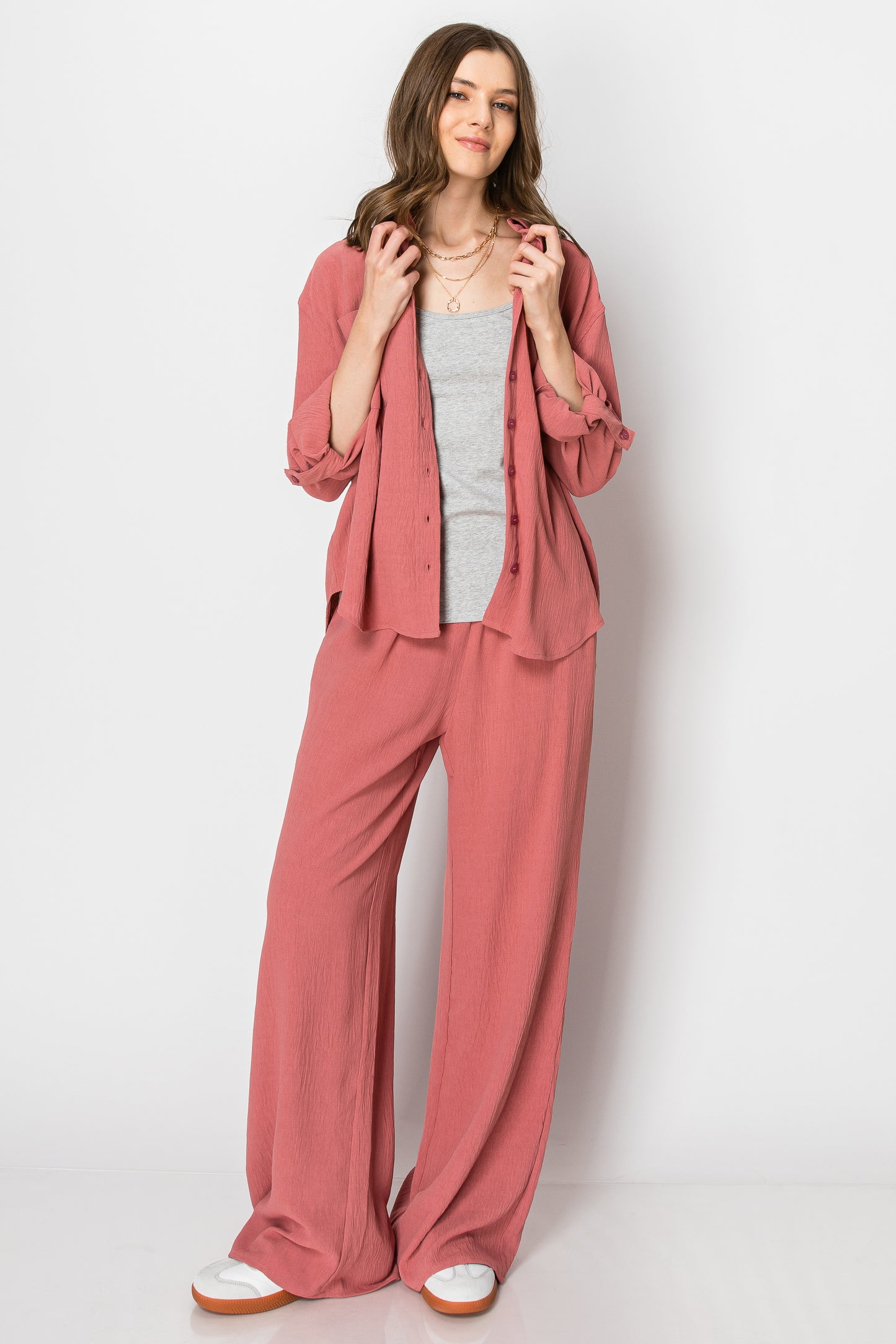 COLLARED BUTTON DOWN WIDE LEG PANT SET