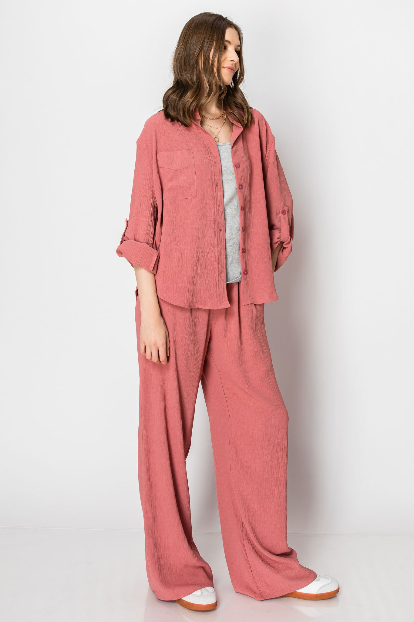 COLLARED BUTTON DOWN WIDE LEG PANT SET