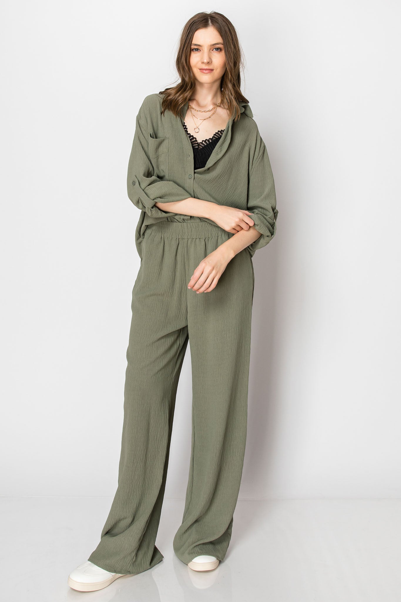 COLLARED BUTTON DOWN WIDE LEG PANT SET
