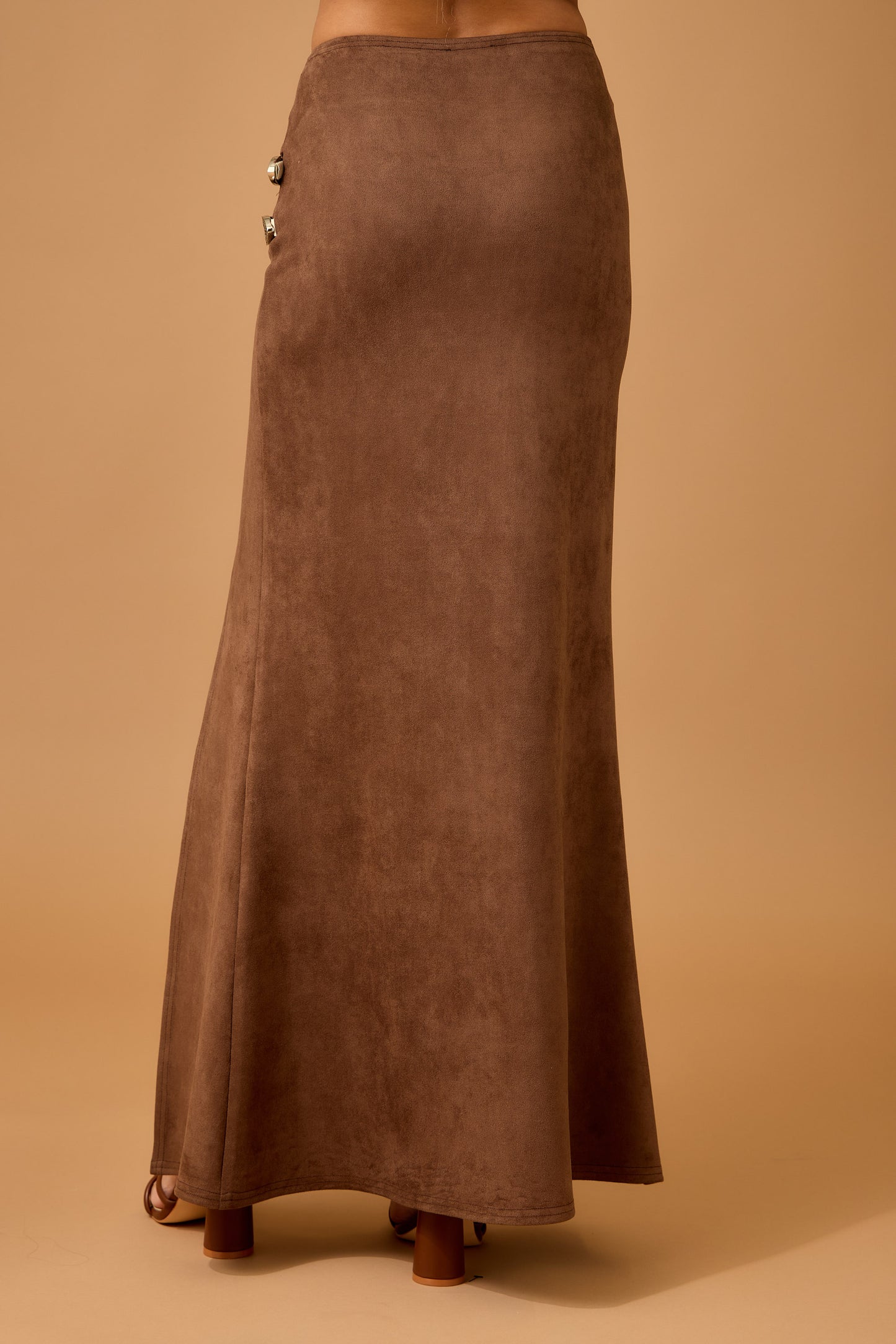 Faux Suede Maxi Skirt with High Slit and Double Buckle