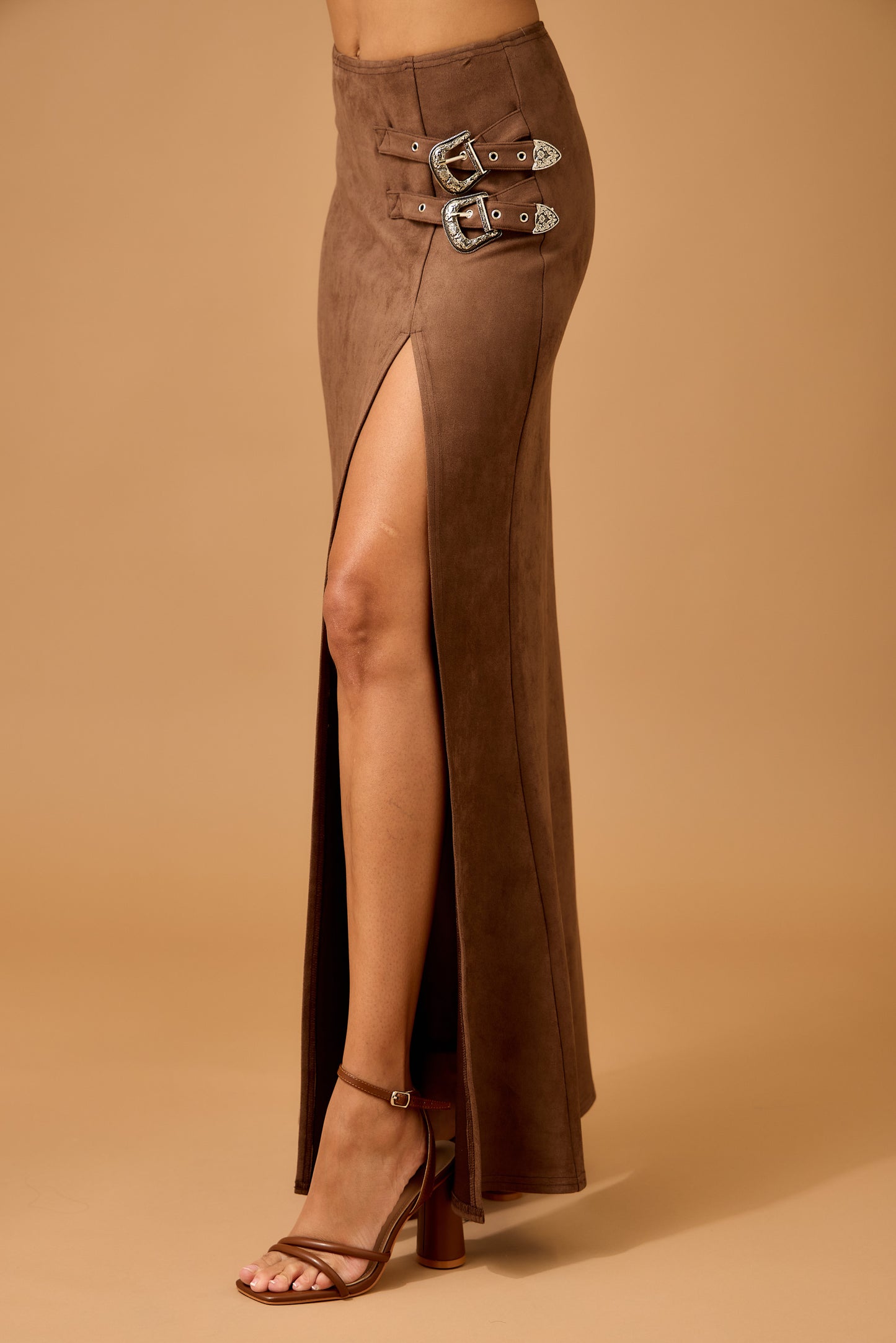 Faux Suede Maxi Skirt with High Slit and Double Buckle