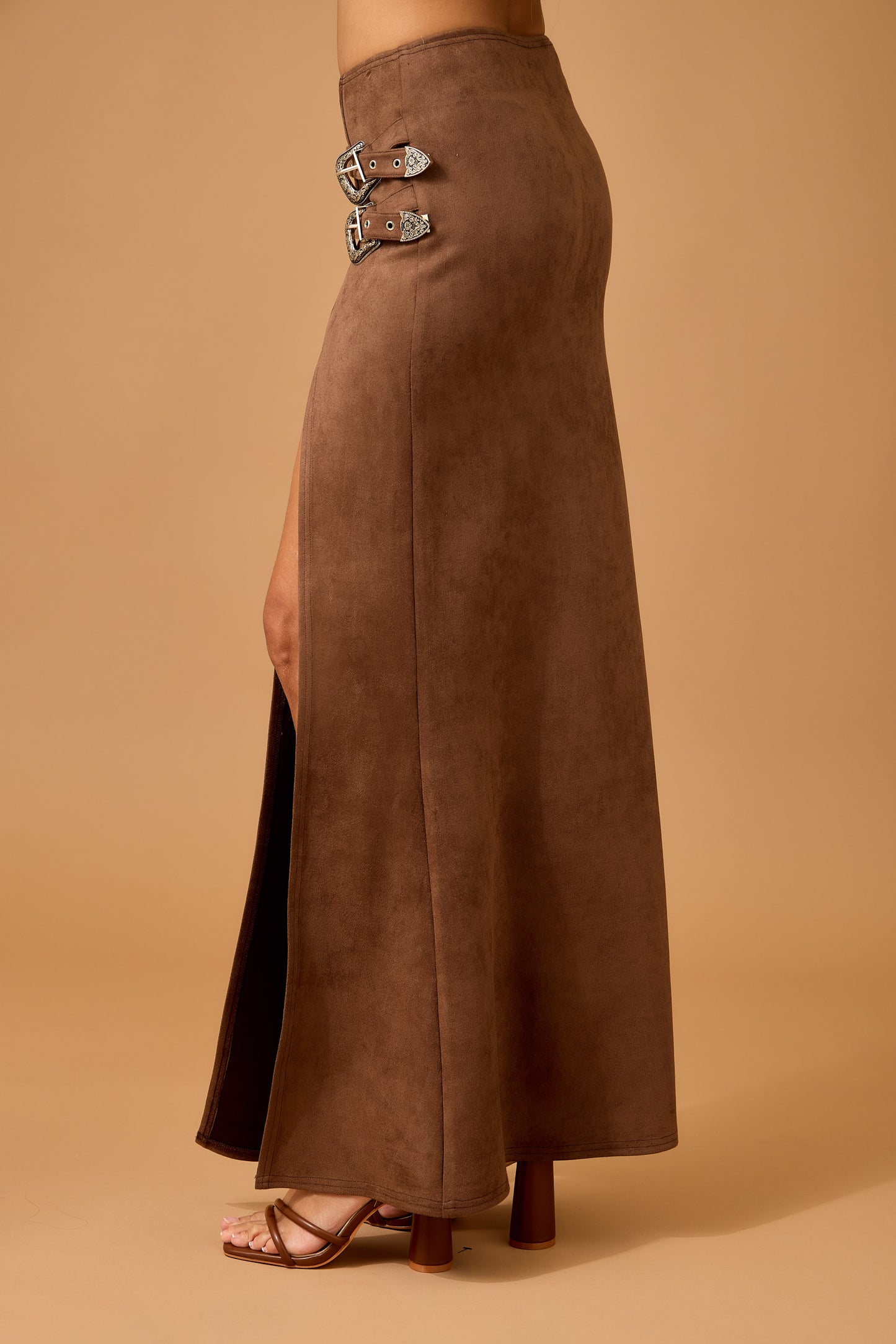 Faux Suede Maxi Skirt with High Slit and Double Buckle