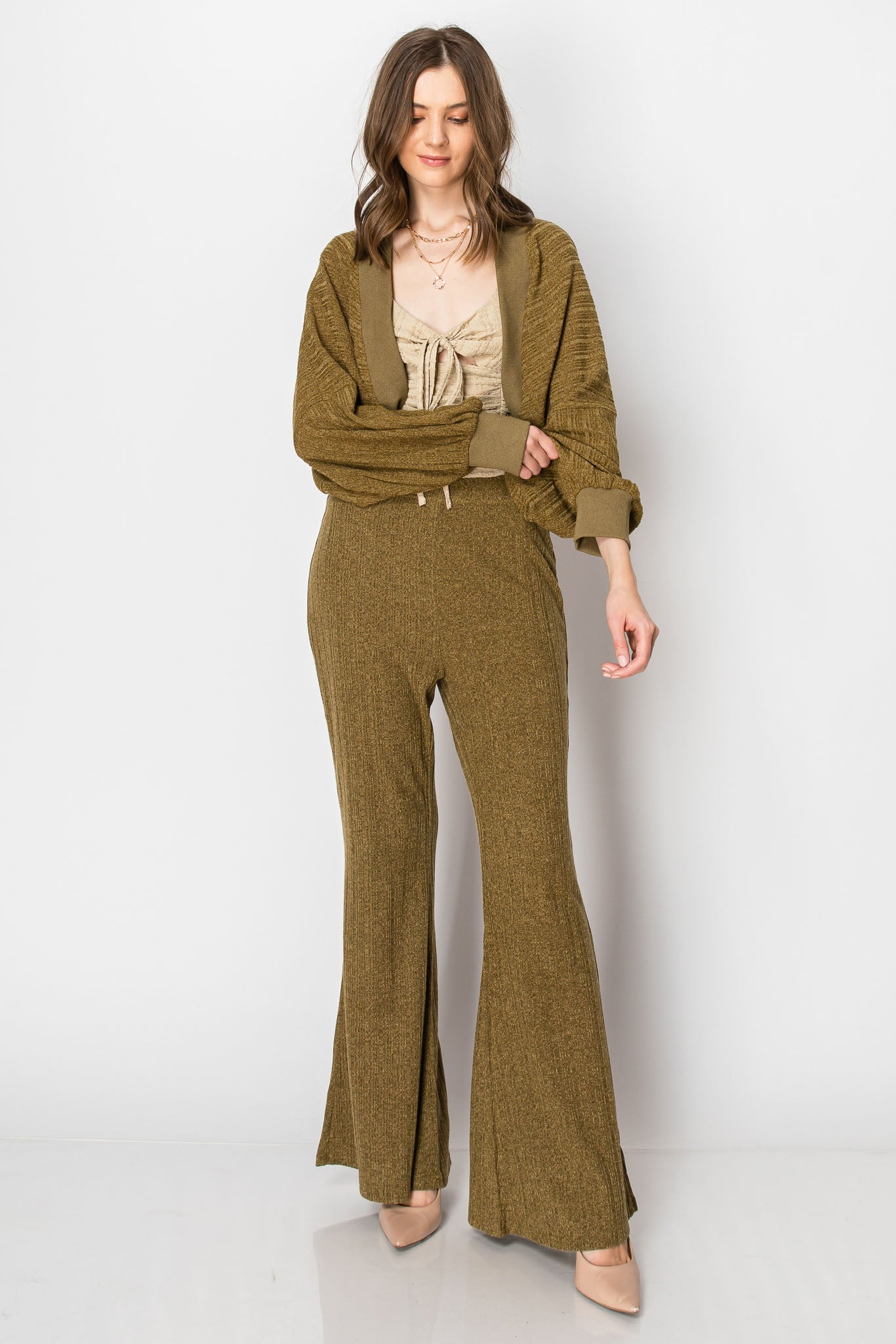 HEAVY RIBBED BOLERO SHRUG LONG SLEEVE CARDIGAN WIDE LEG PANTS SET