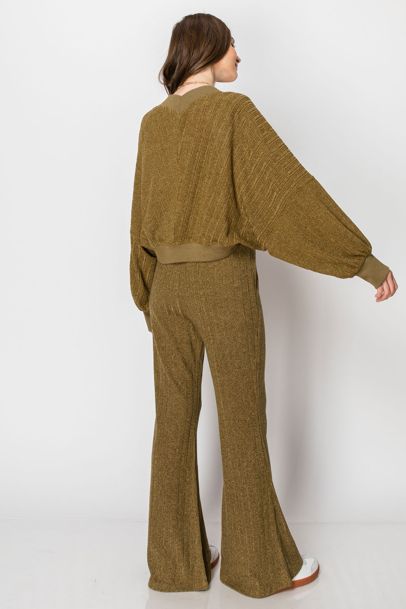 HEAVY RIBBED BOLERO SHRUG LONG SLEEVE CARDIGAN WIDE LEG PANTS SET