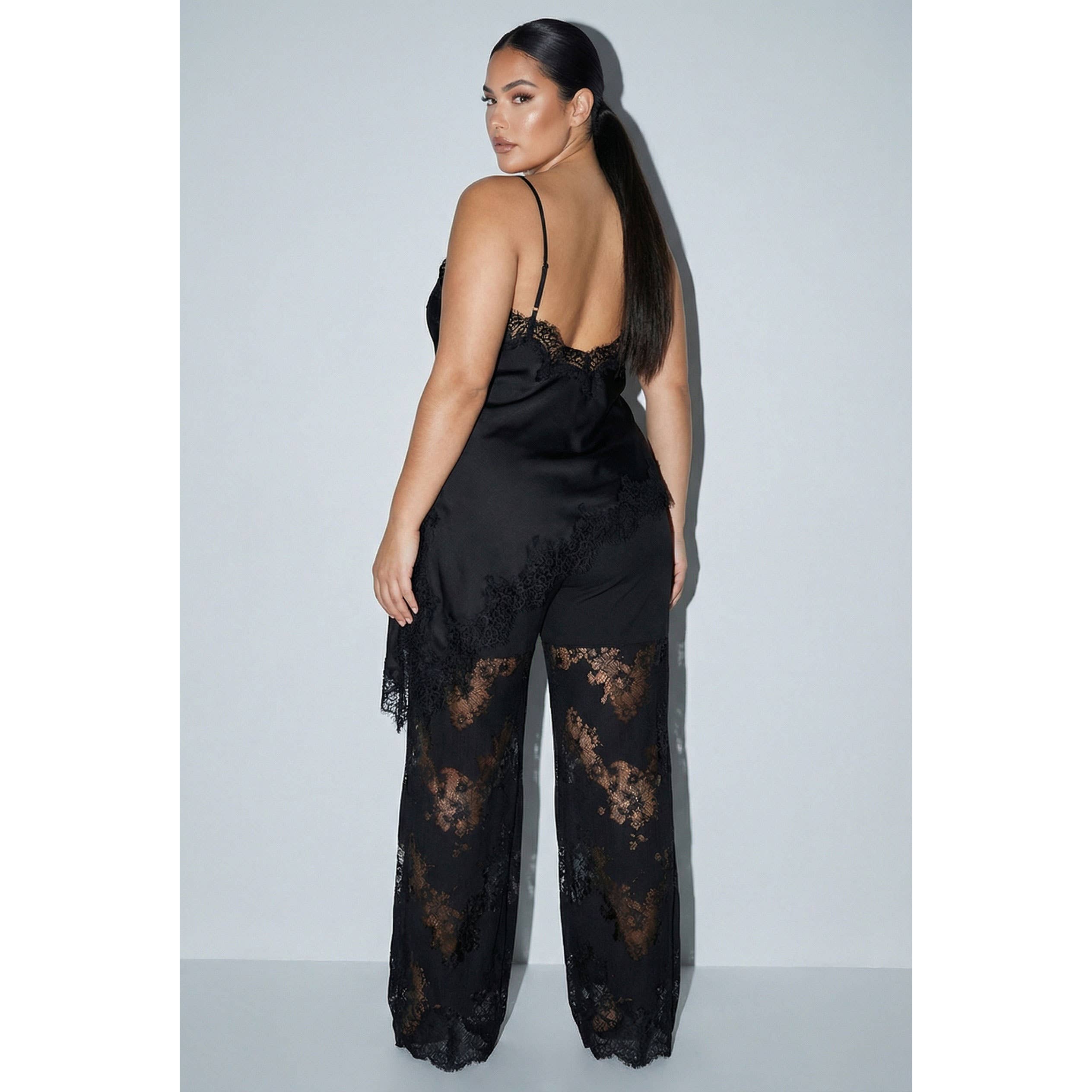 PLUS Satin Lace Trim Cami and Pants Set