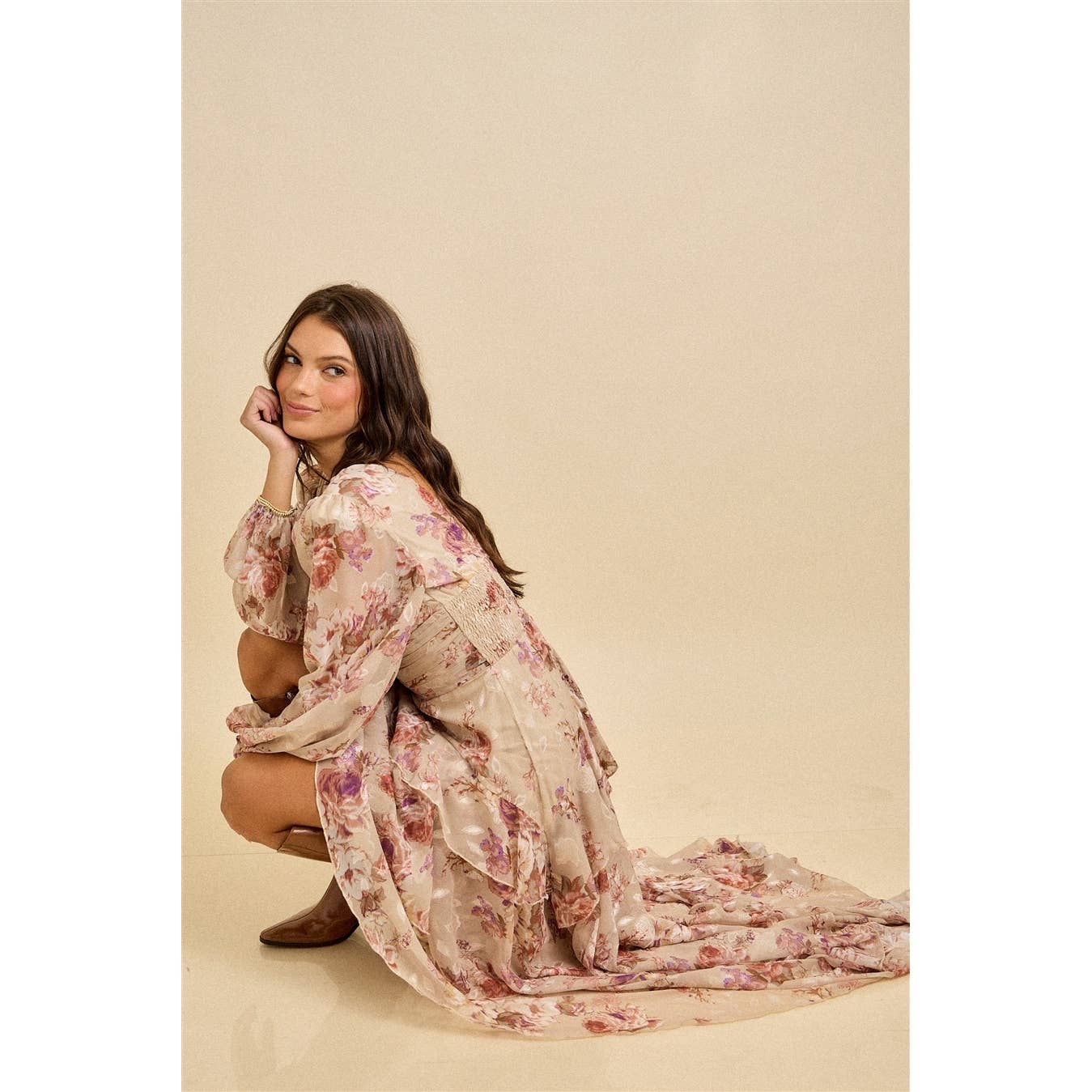 Spring Floral Chiffon Tiered High-Low Maxi Dress