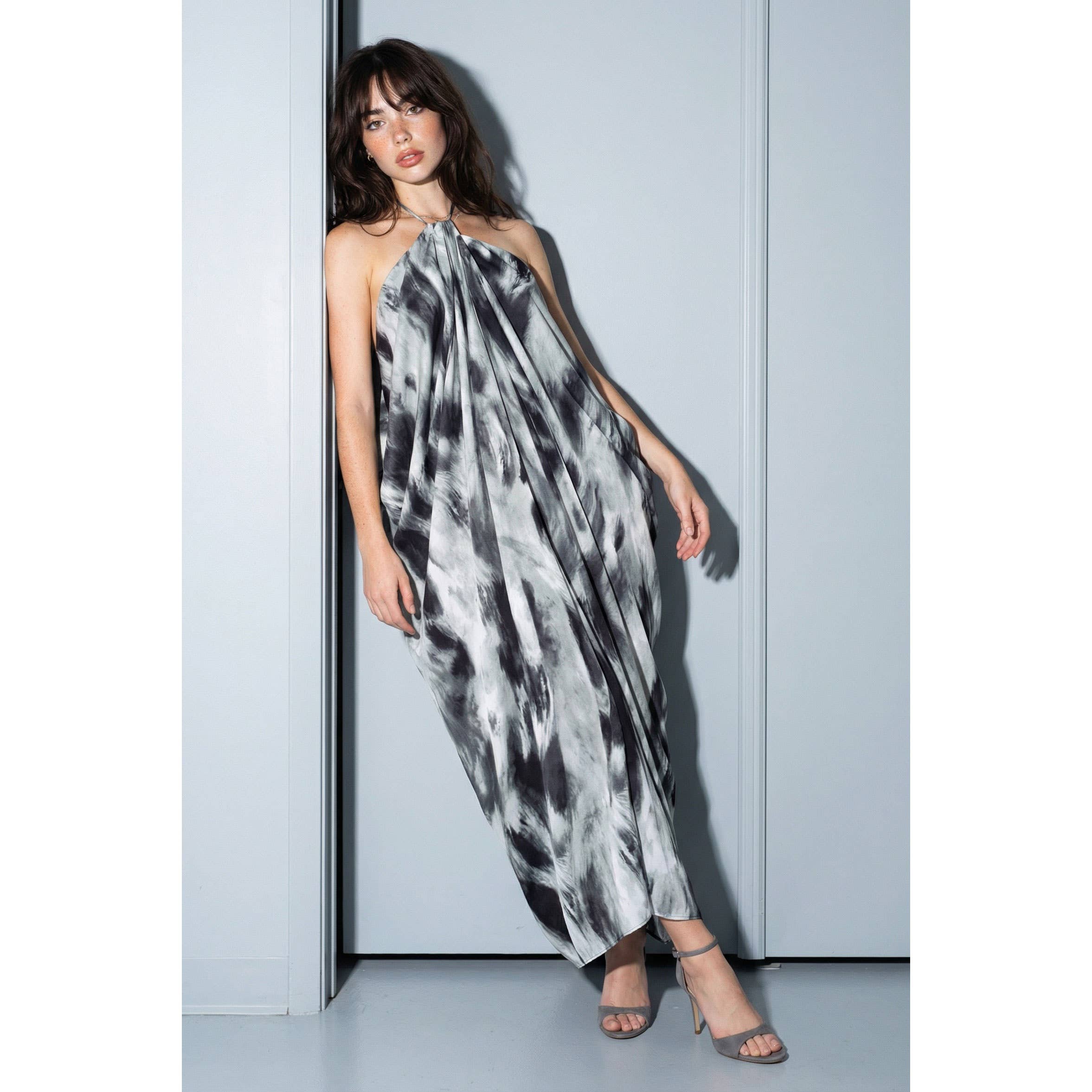 Abstract Marble Draped Halter Maxi Dress