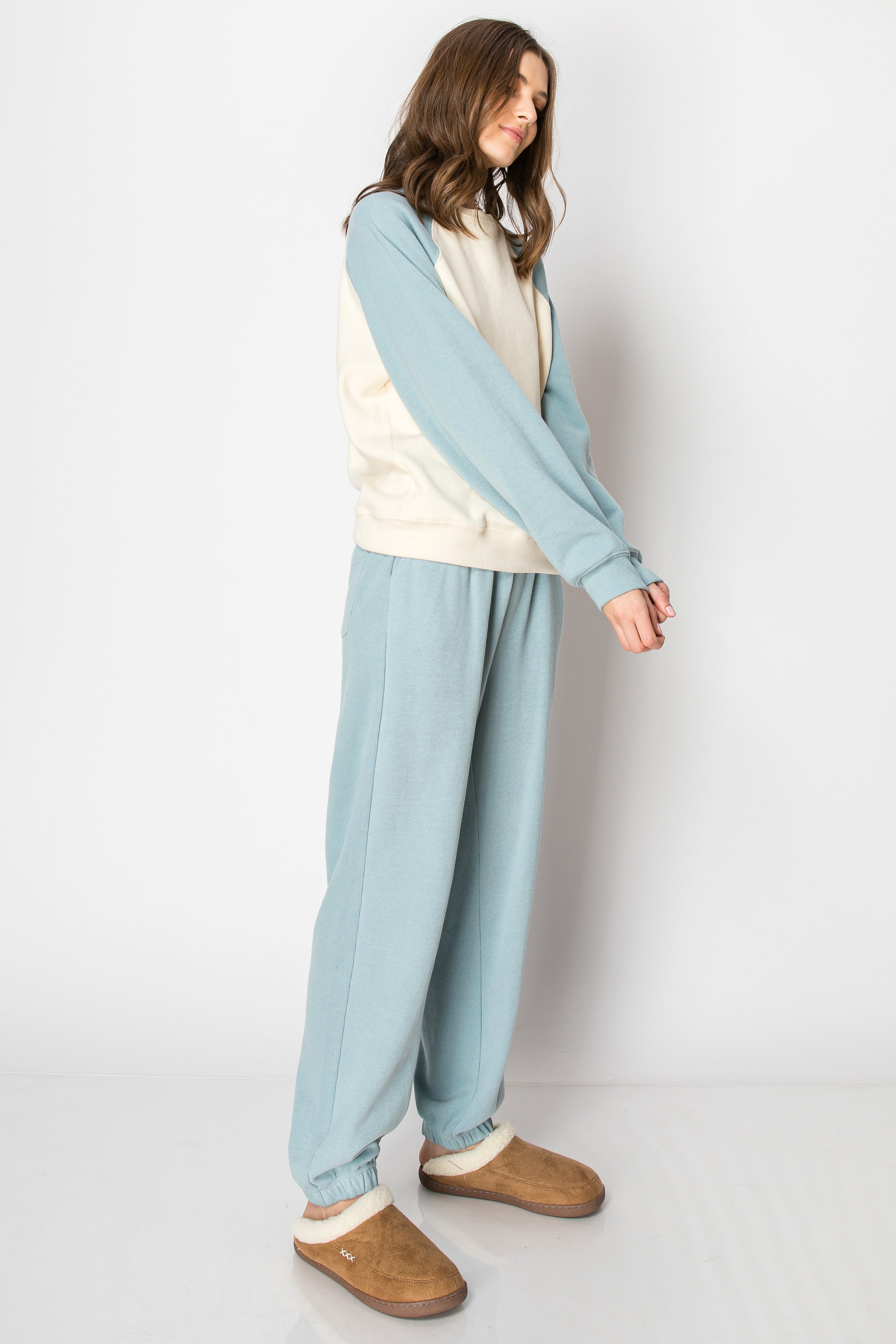 Color Block Raglan Sleeve Brushed Cotton PANT SET