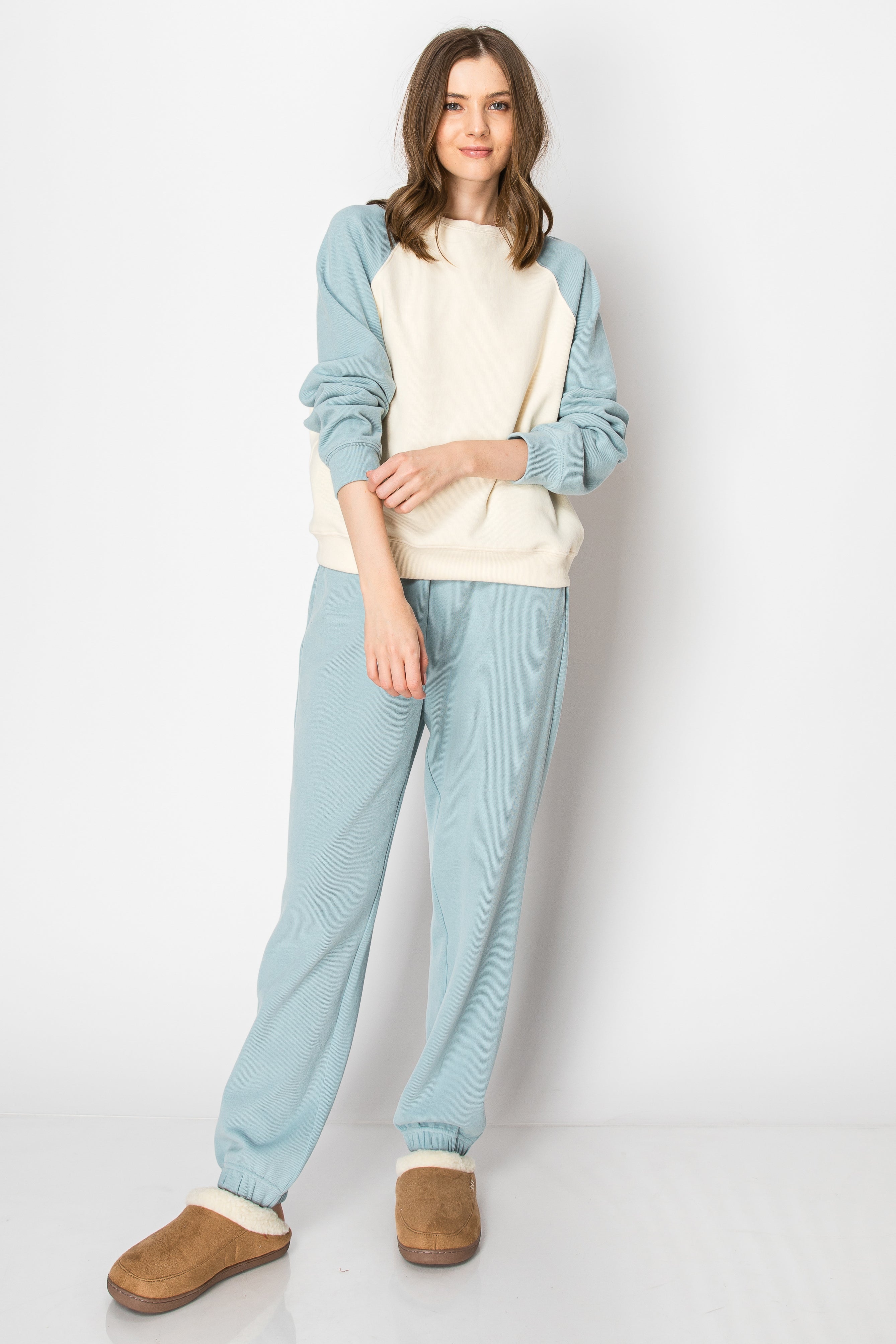 Color Block Raglan Sleeve Brushed Cotton PANT SET