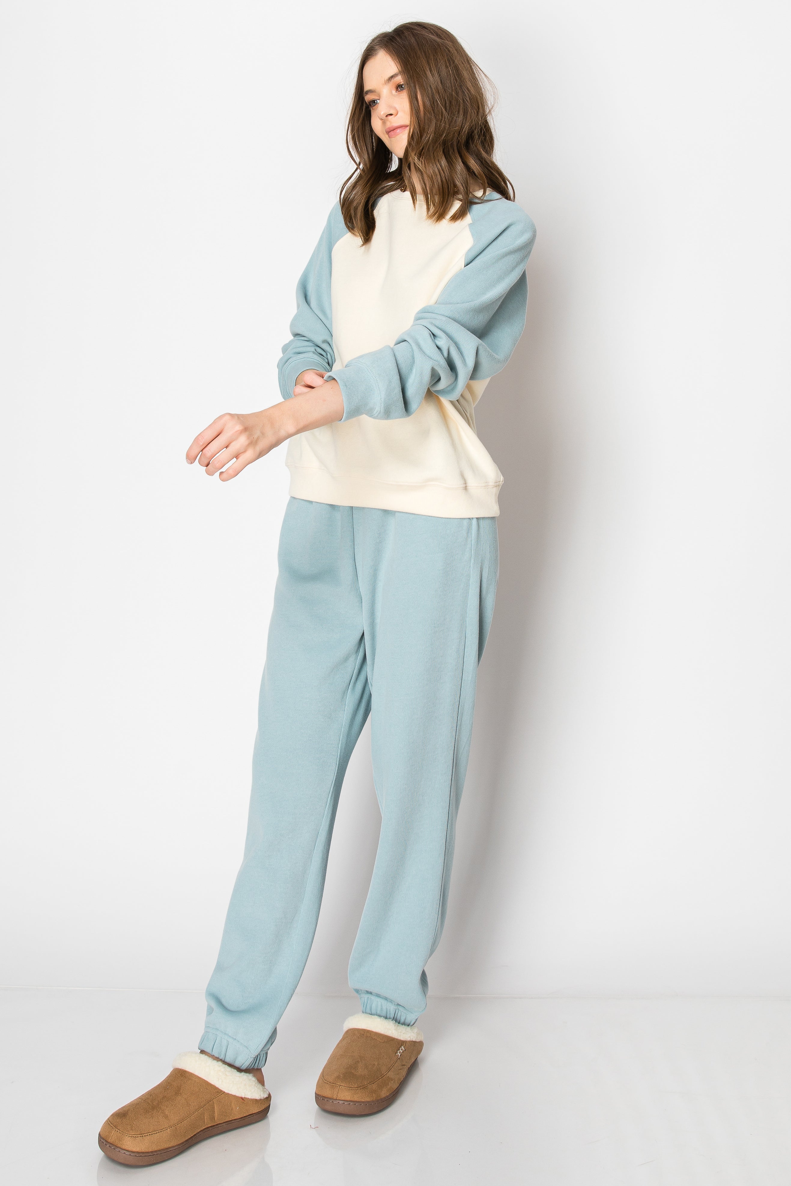 Color Block Raglan Sleeve Brushed Cotton PANT SET