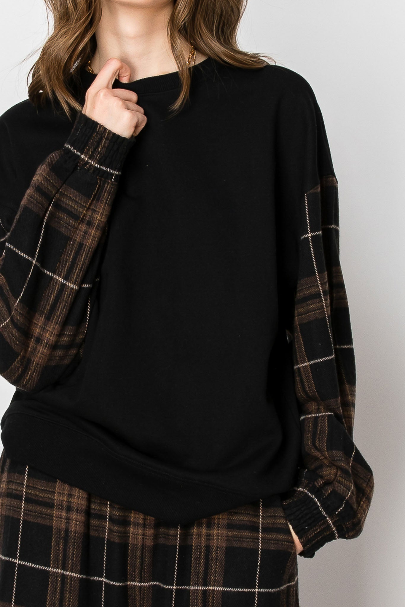 PLAID CREW NECK LONG SLEEVE PULLOVER SWEAT SHIRT WIDE LEG PANTS SET