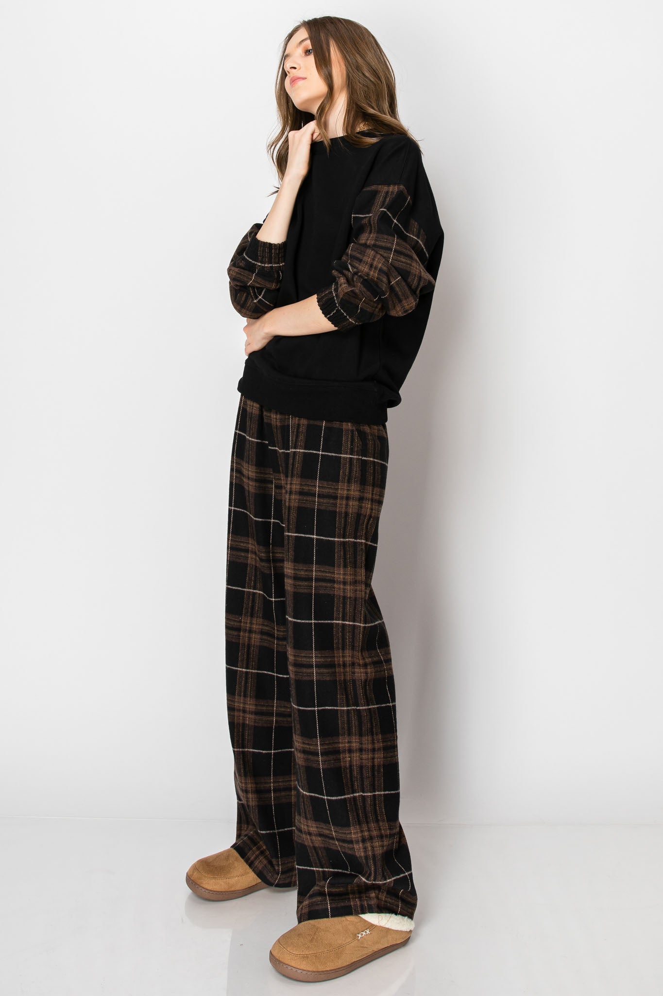 Flannel Plaid Pullover Wide Leg PANTS SET