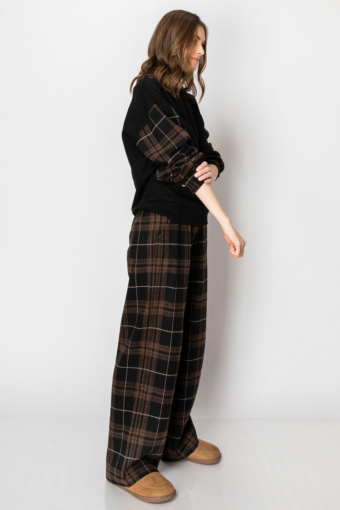 PLAID CREW NECK LONG SLEEVE PULLOVER SWEAT SHIRT WIDE LEG PANTS SET