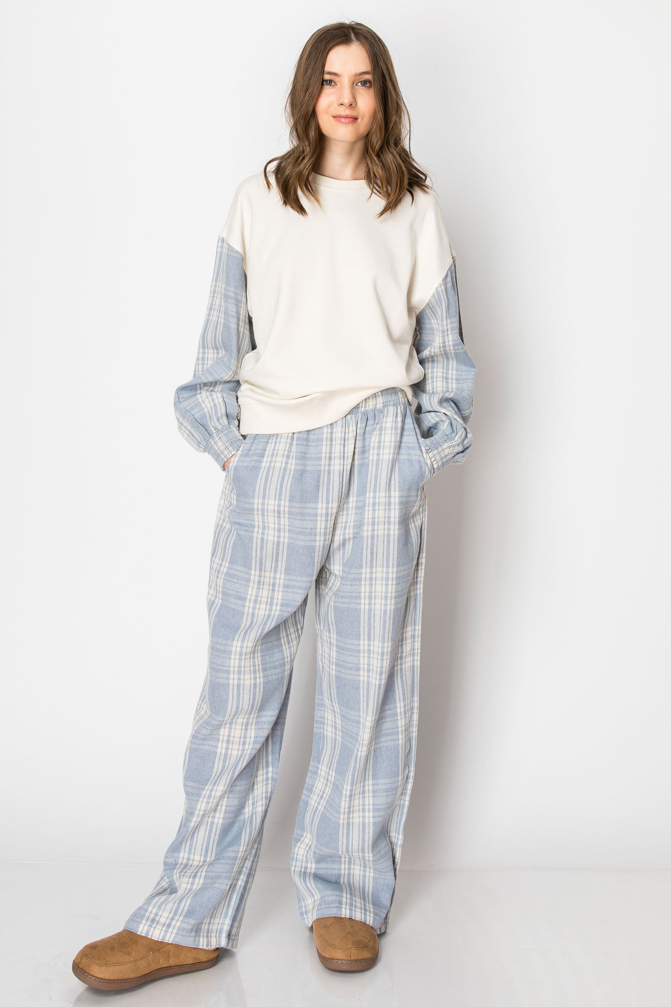 PLAID CREW NECK LONG SLEEVE PULLOVER SWEAT SHIRT WIDE LEG PANTS SET