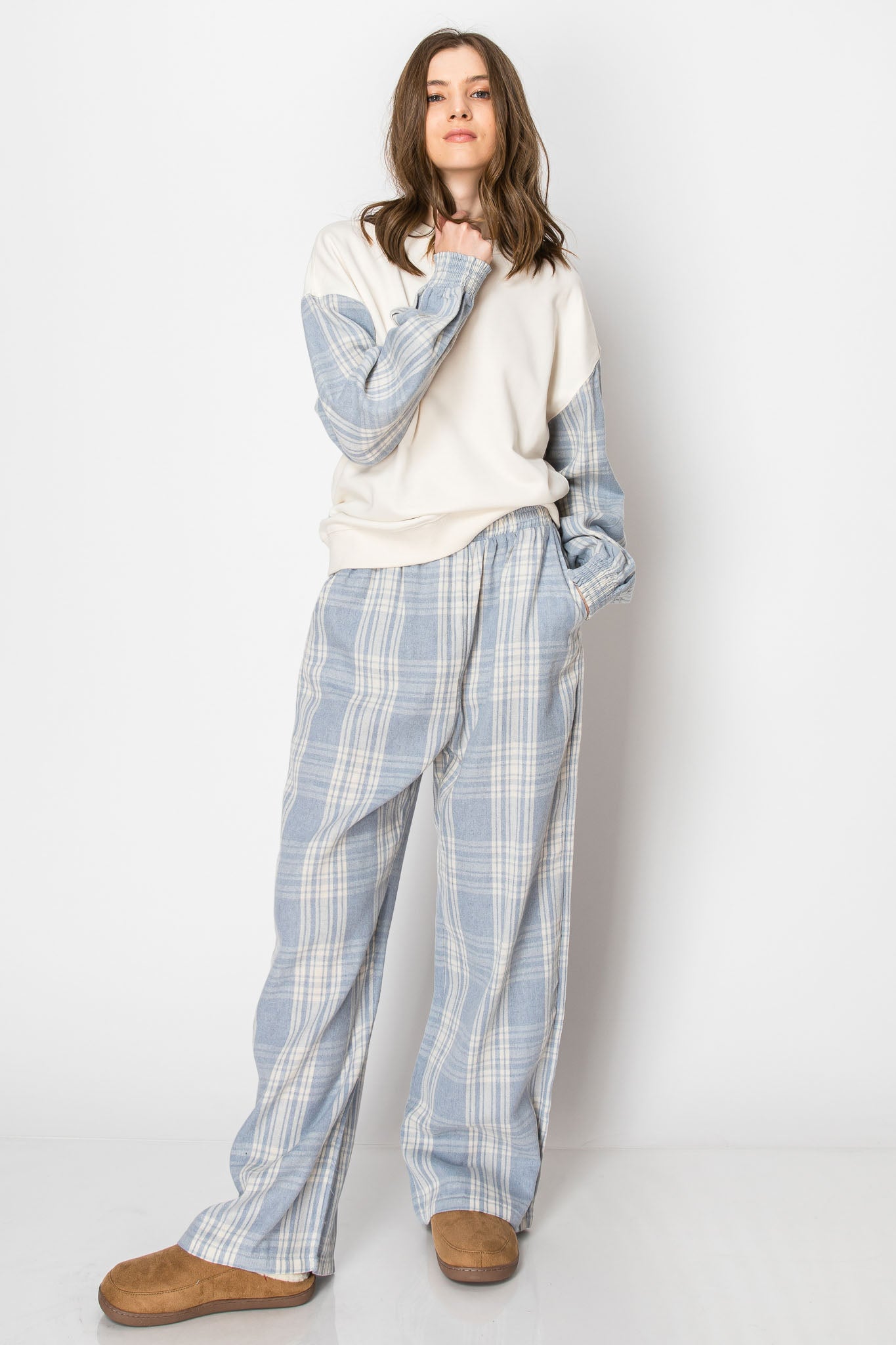 PLAID CREW NECK LONG SLEEVE PULLOVER SWEAT SHIRT WIDE LEG PANTS SET