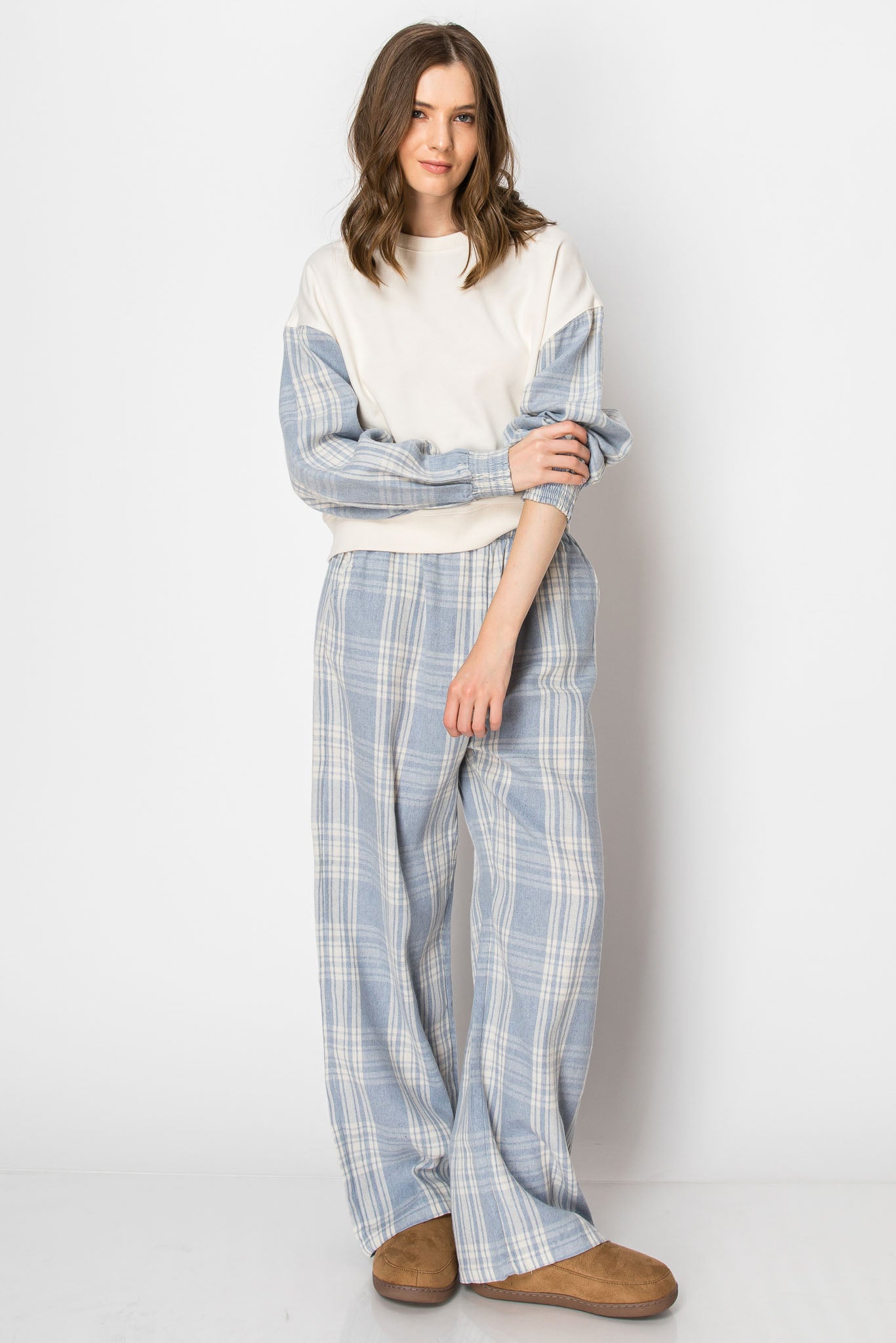 PLAID CREW NECK LONG SLEEVE PULLOVER SWEAT SHIRT WIDE LEG PANTS SET