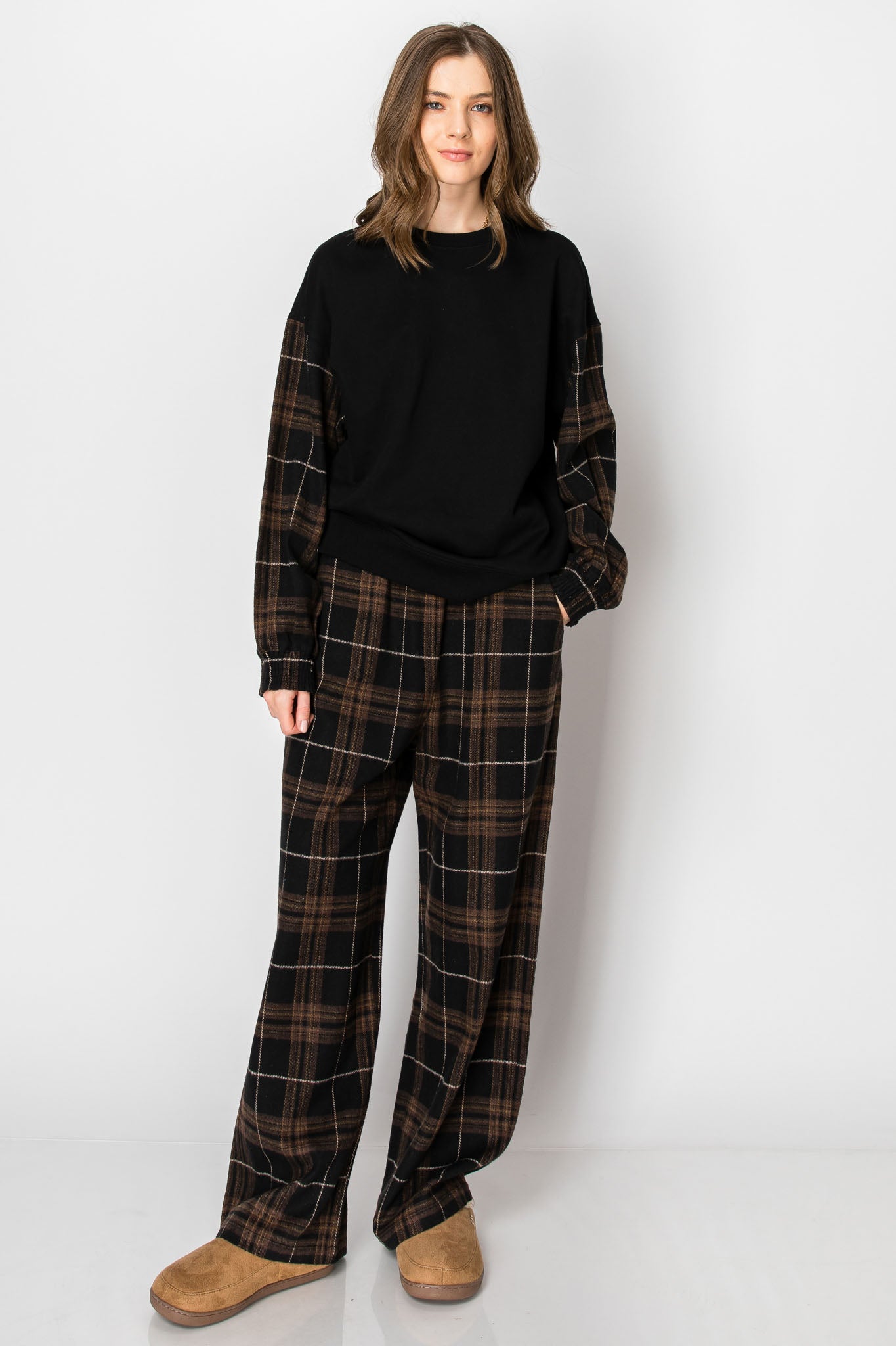 PLAID CREW NECK LONG SLEEVE PULLOVER SWEAT SHIRT WIDE LEG PANTS SET