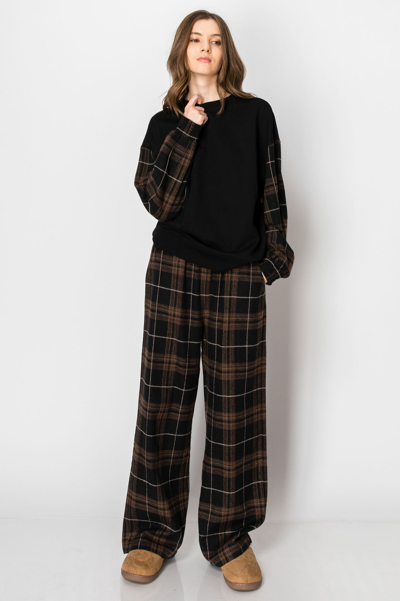 Flannel Plaid Pullover Wide Leg PANTS SET