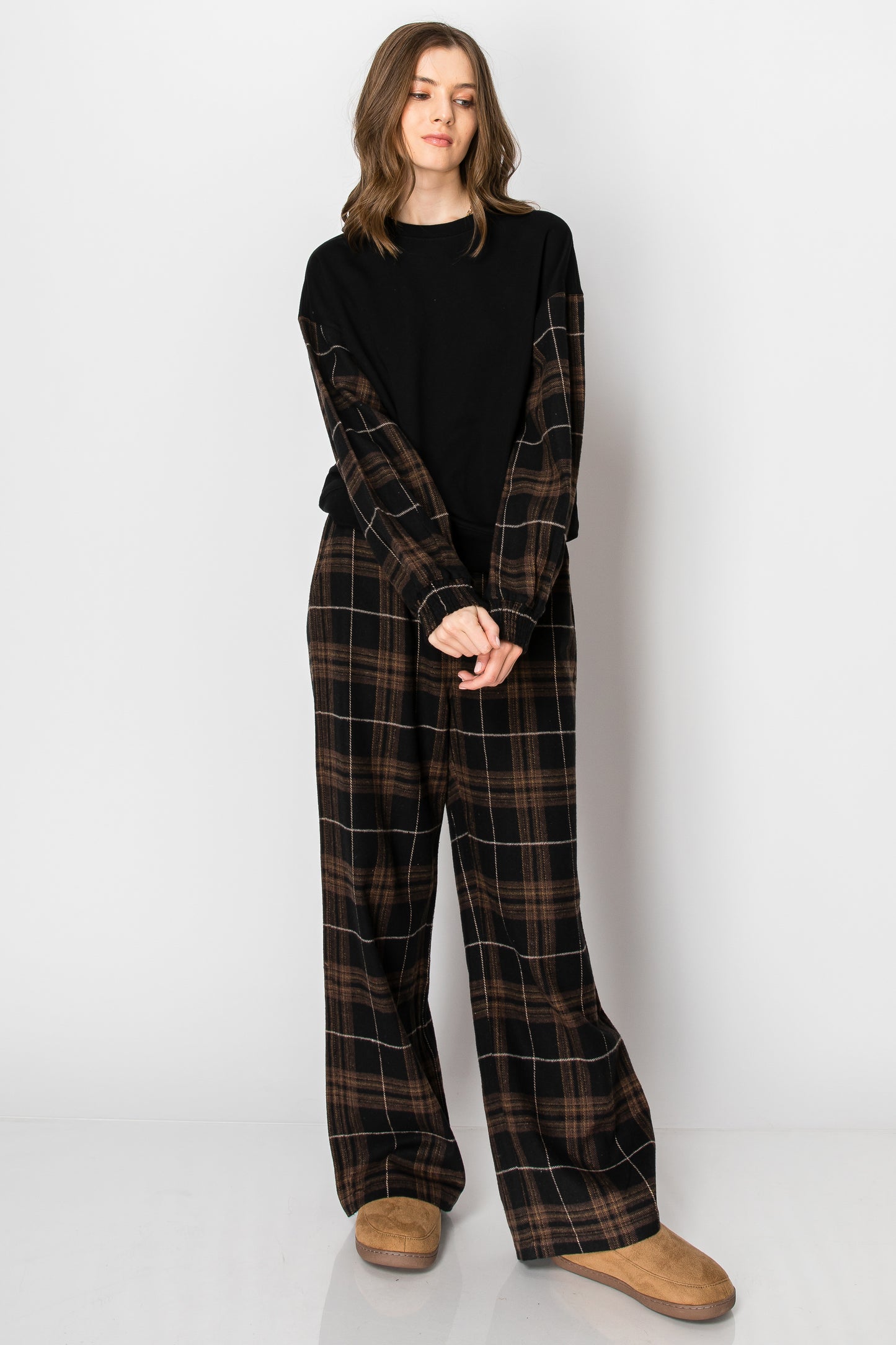 PLAID CREW NECK LONG SLEEVE PULLOVER SWEAT SHIRT WIDE LEG PANTS SET