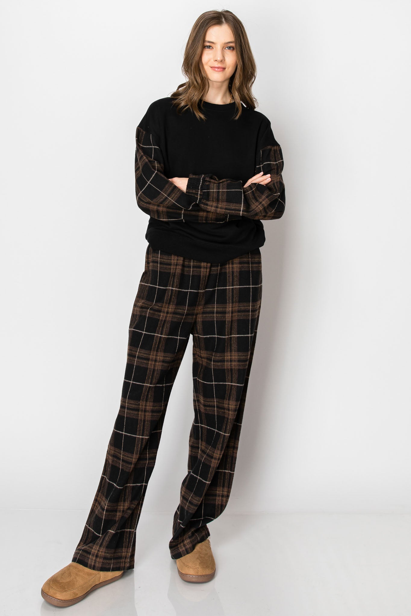 PLAID CREW NECK LONG SLEEVE PULLOVER SWEAT SHIRT WIDE LEG PANTS SET