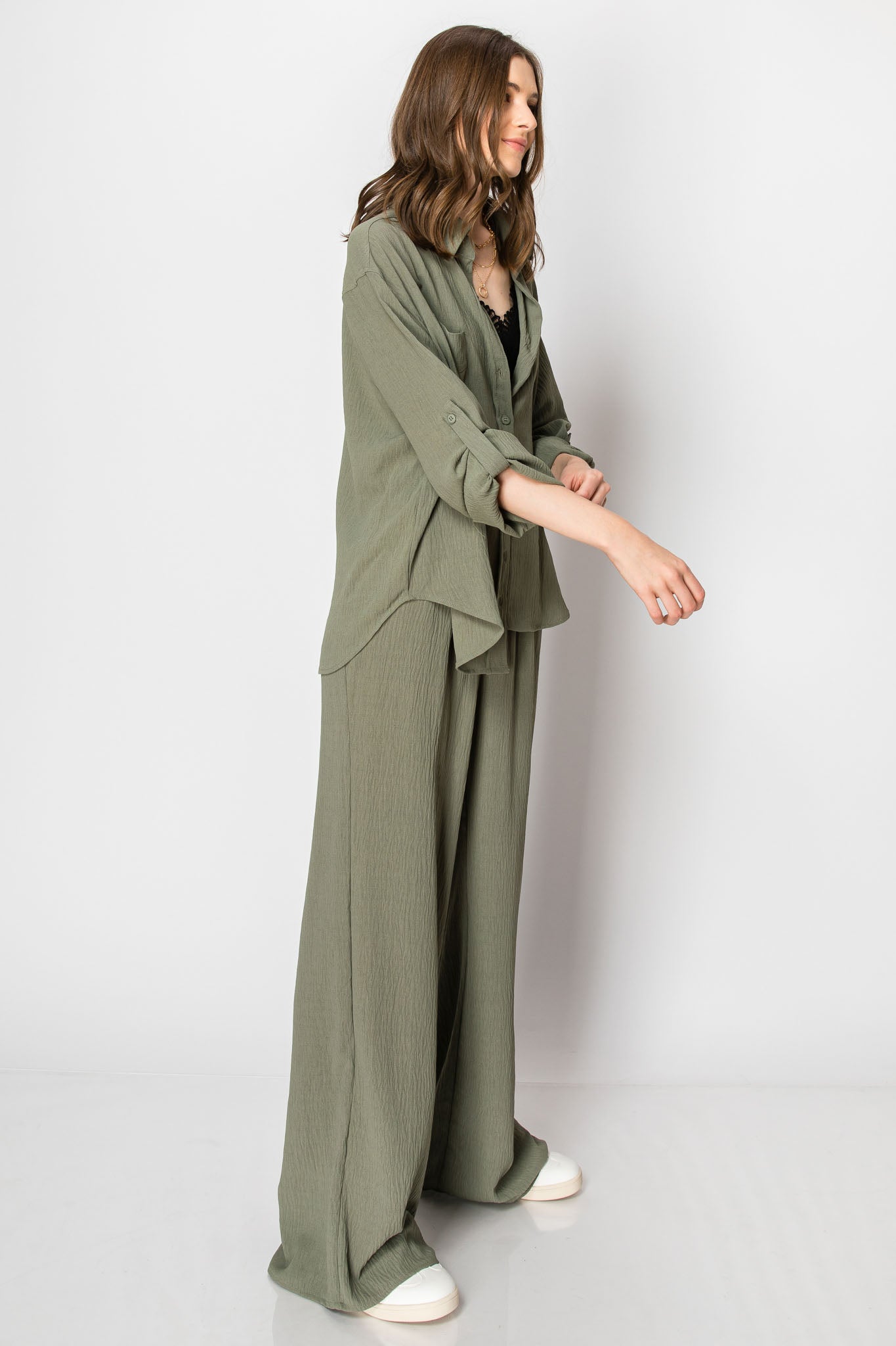 Button Down Wide Leg Flowy Long Sleeve PANT SET