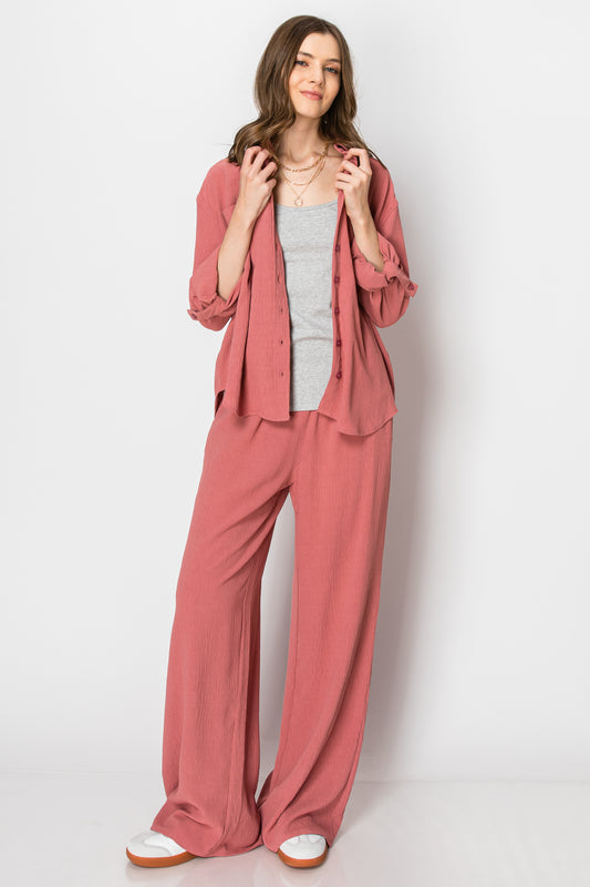 COLLARED BUTTON DOWN WIDE LEG PANT SET