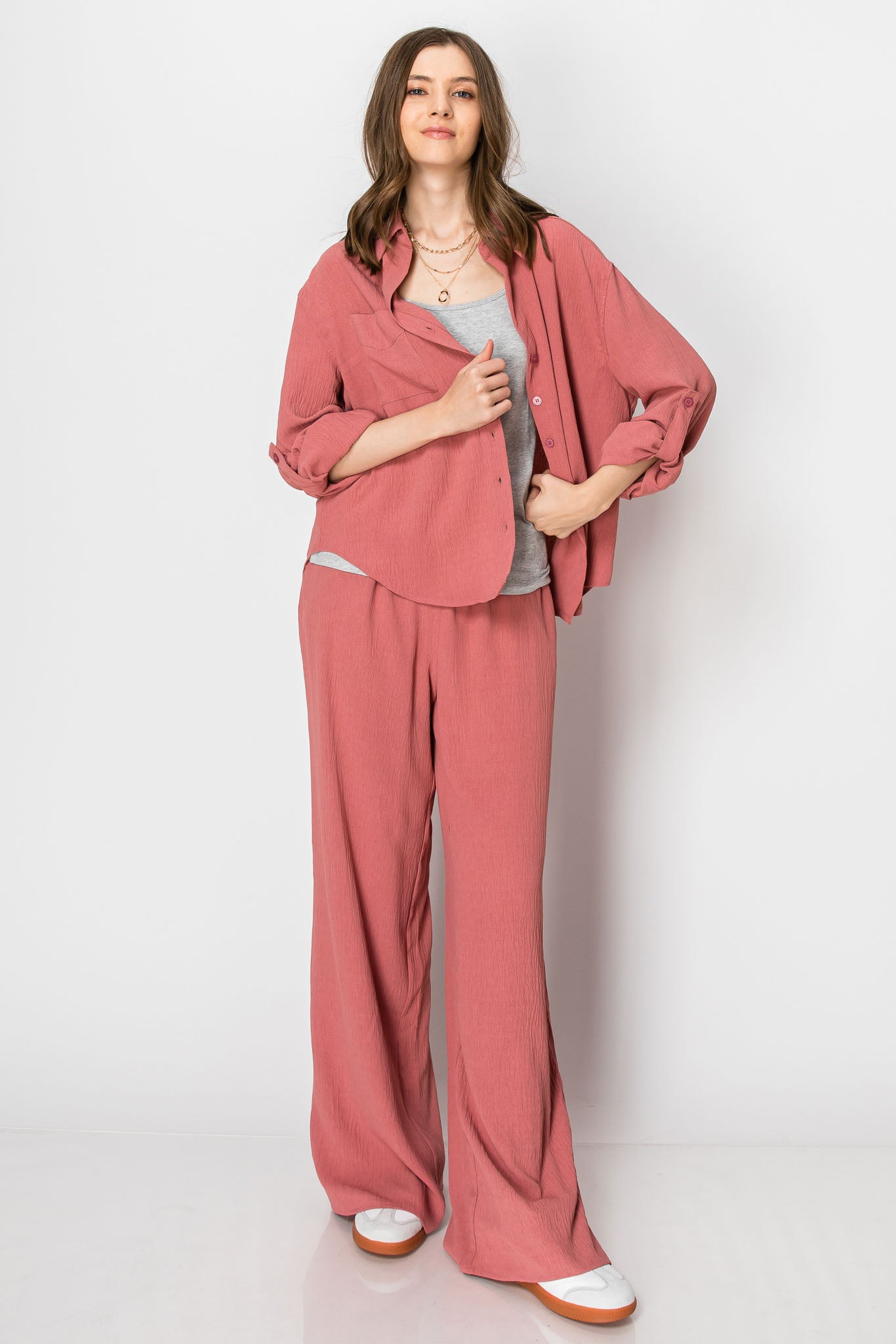 Button Down Wide Leg Flowy Long Sleeve PANT SET