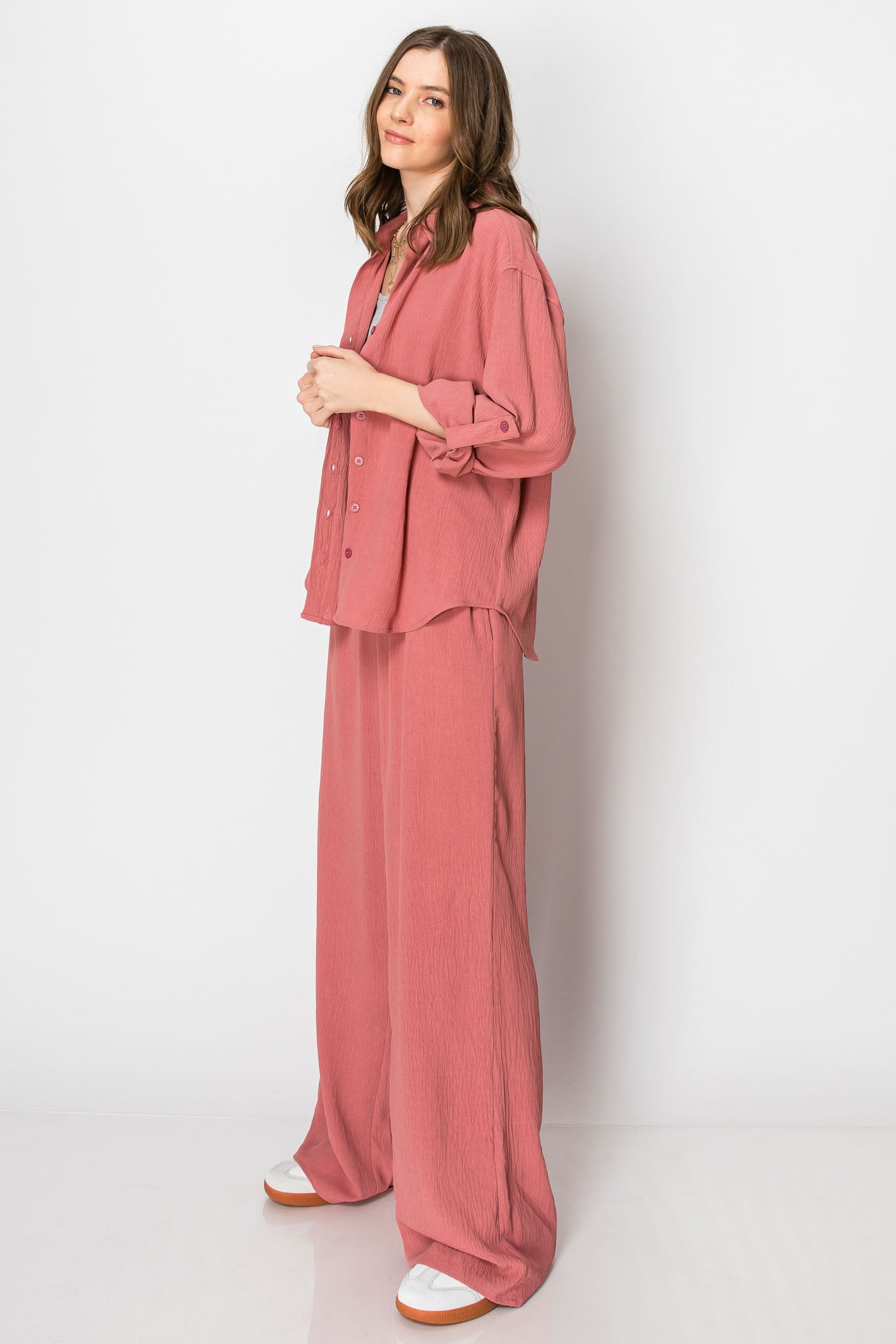 Button Down Wide Leg Flowy Long Sleeve PANT SET