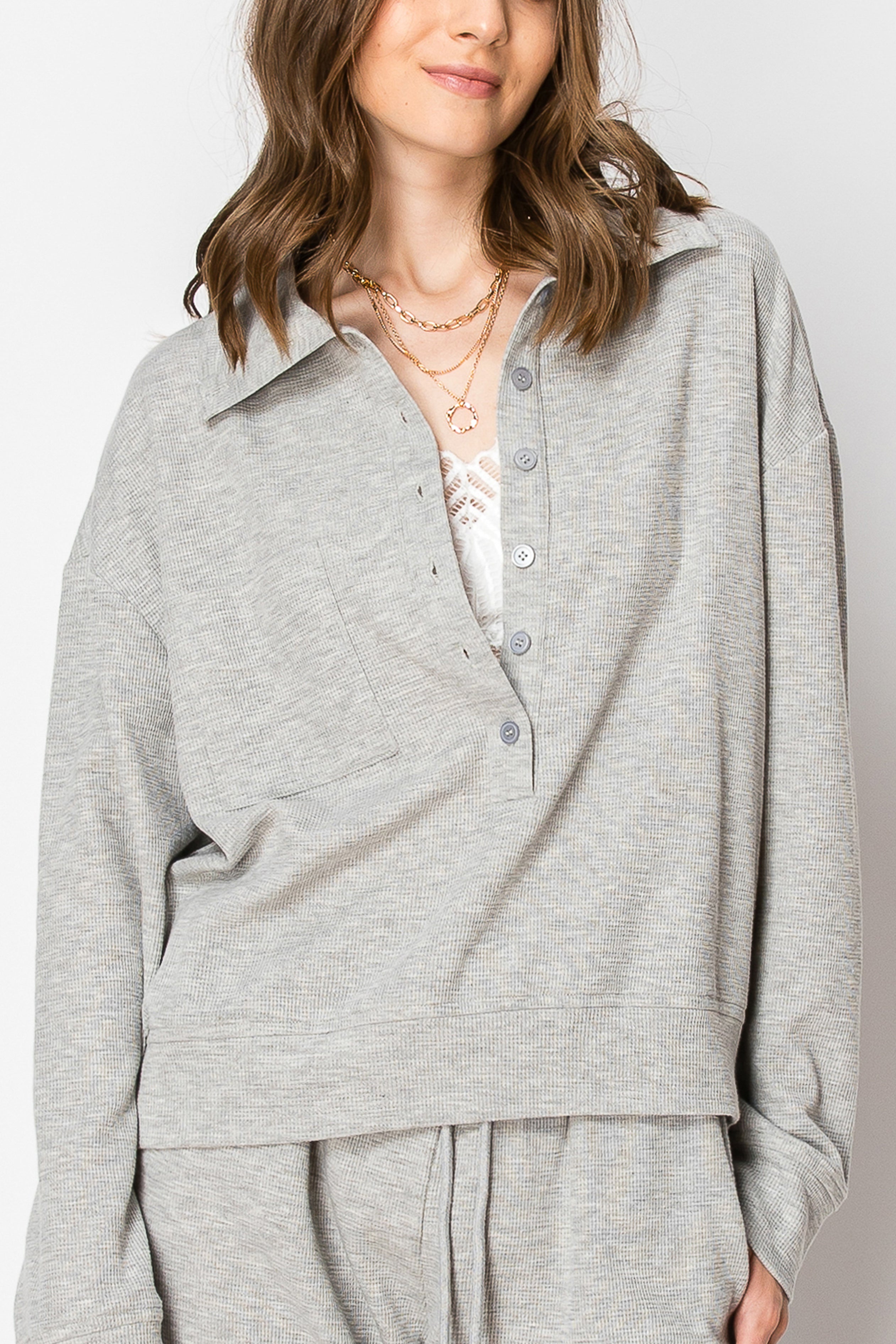 Waffle Knit Button Down Jogger PANT SET