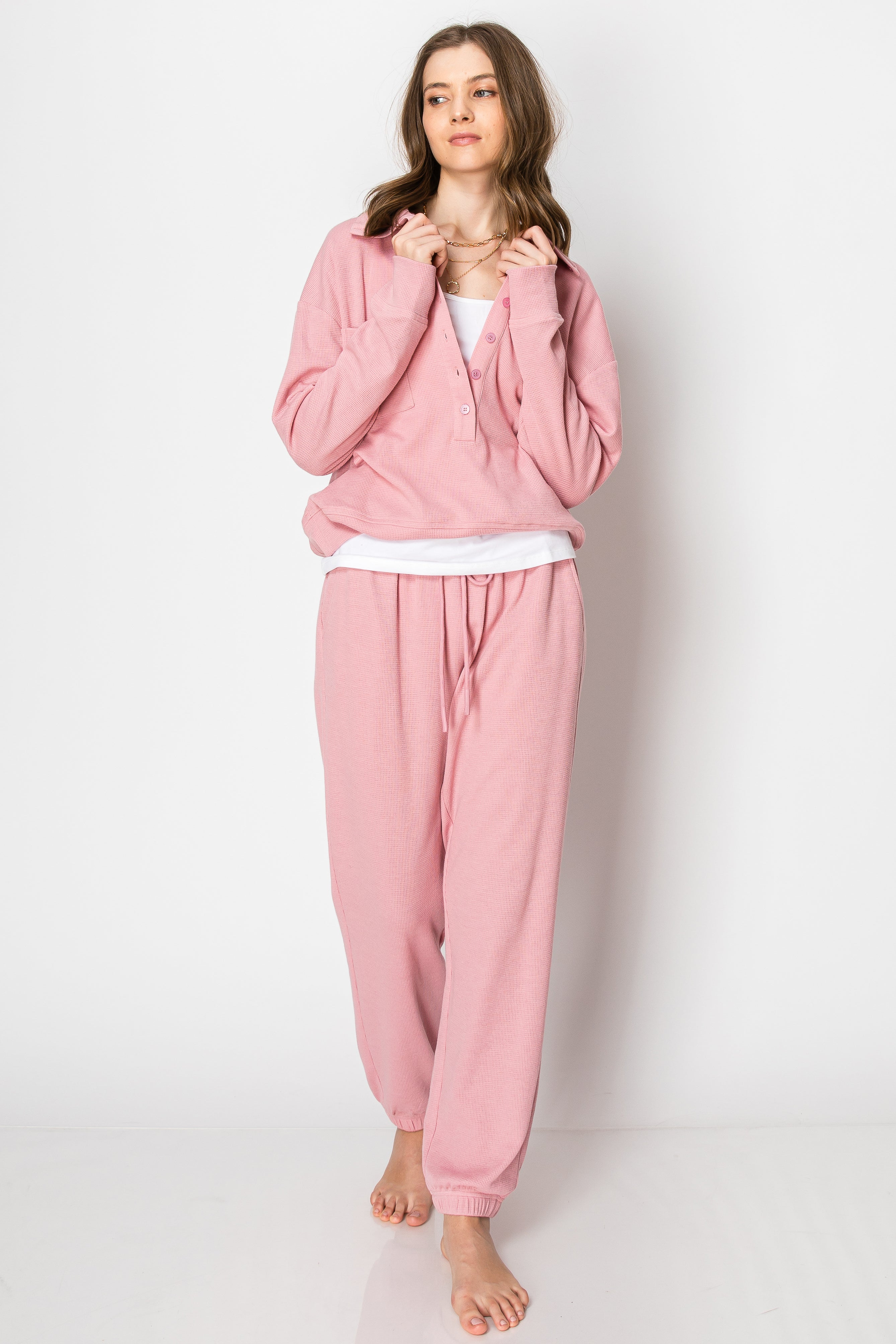 Waffle Knit Button Down Jogger PANT SET