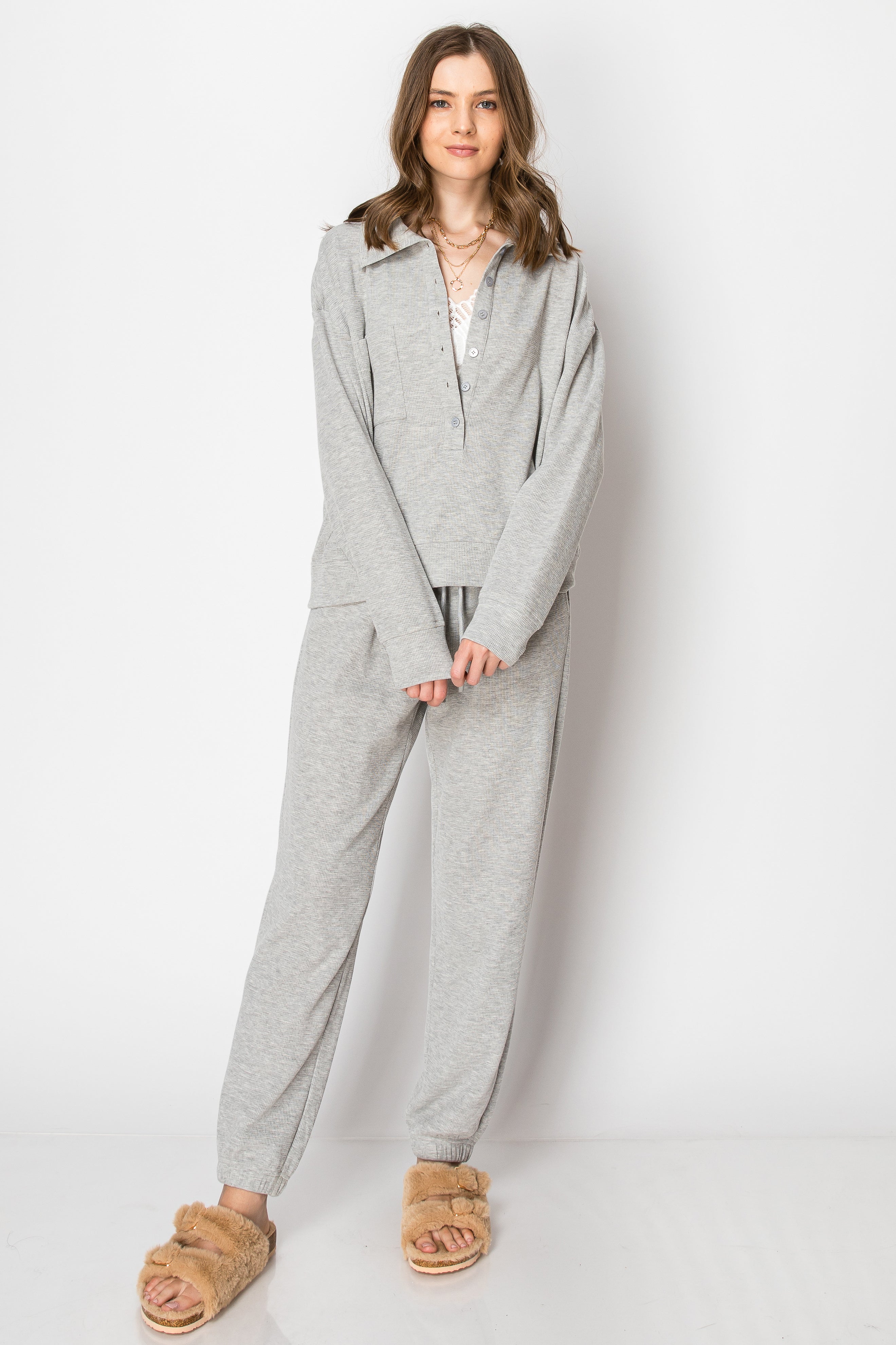 Waffle Knit Button Down Jogger PANT SET