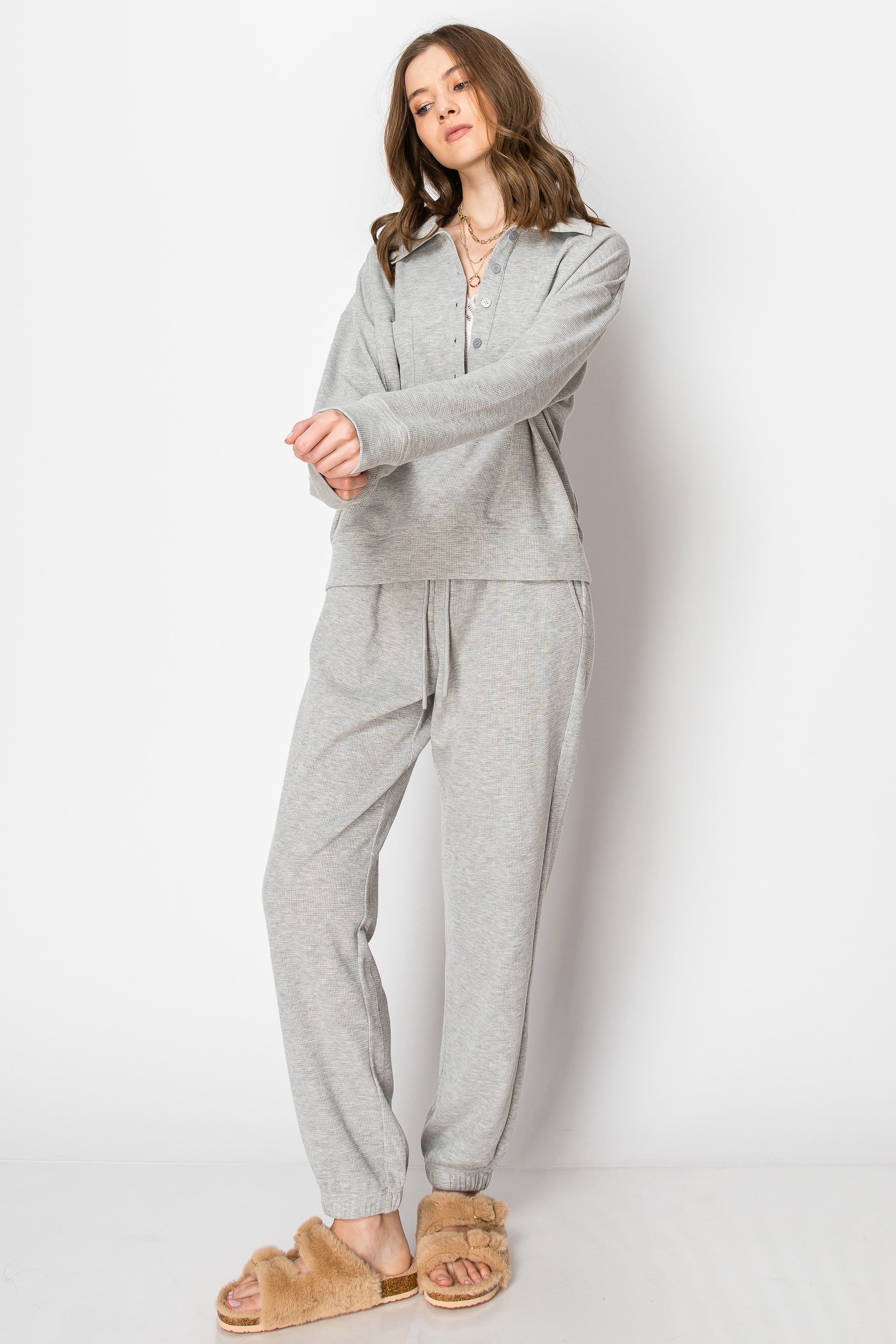 Waffle Knit Button Down Jogger PANT SET