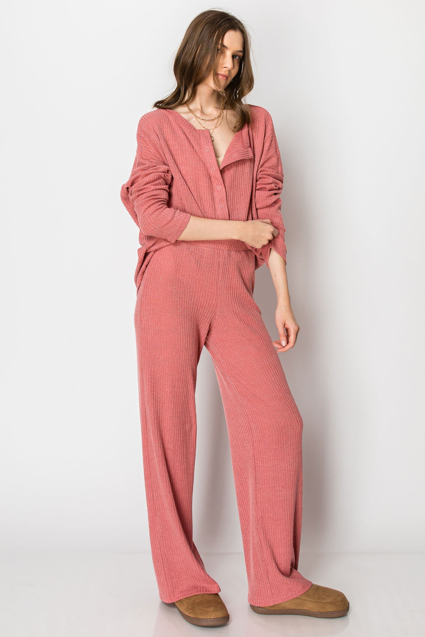 Ribbed Sweater Knit Snap Button PANT SET
