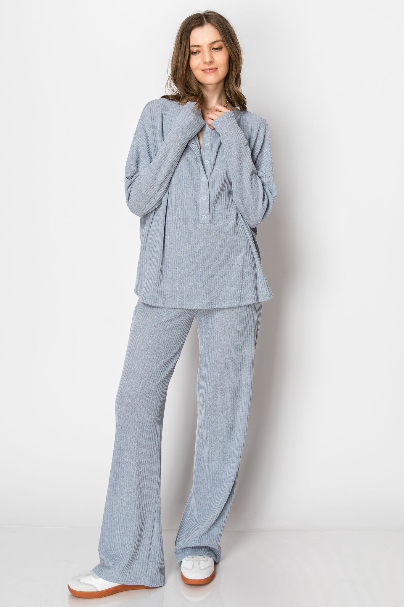 Ribbed Sweater Knit Snap Button PANT SET