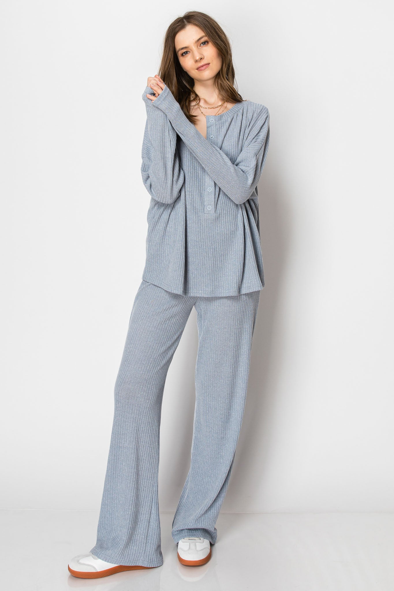 Ribbed Sweater Knit Snap Button PANT SET