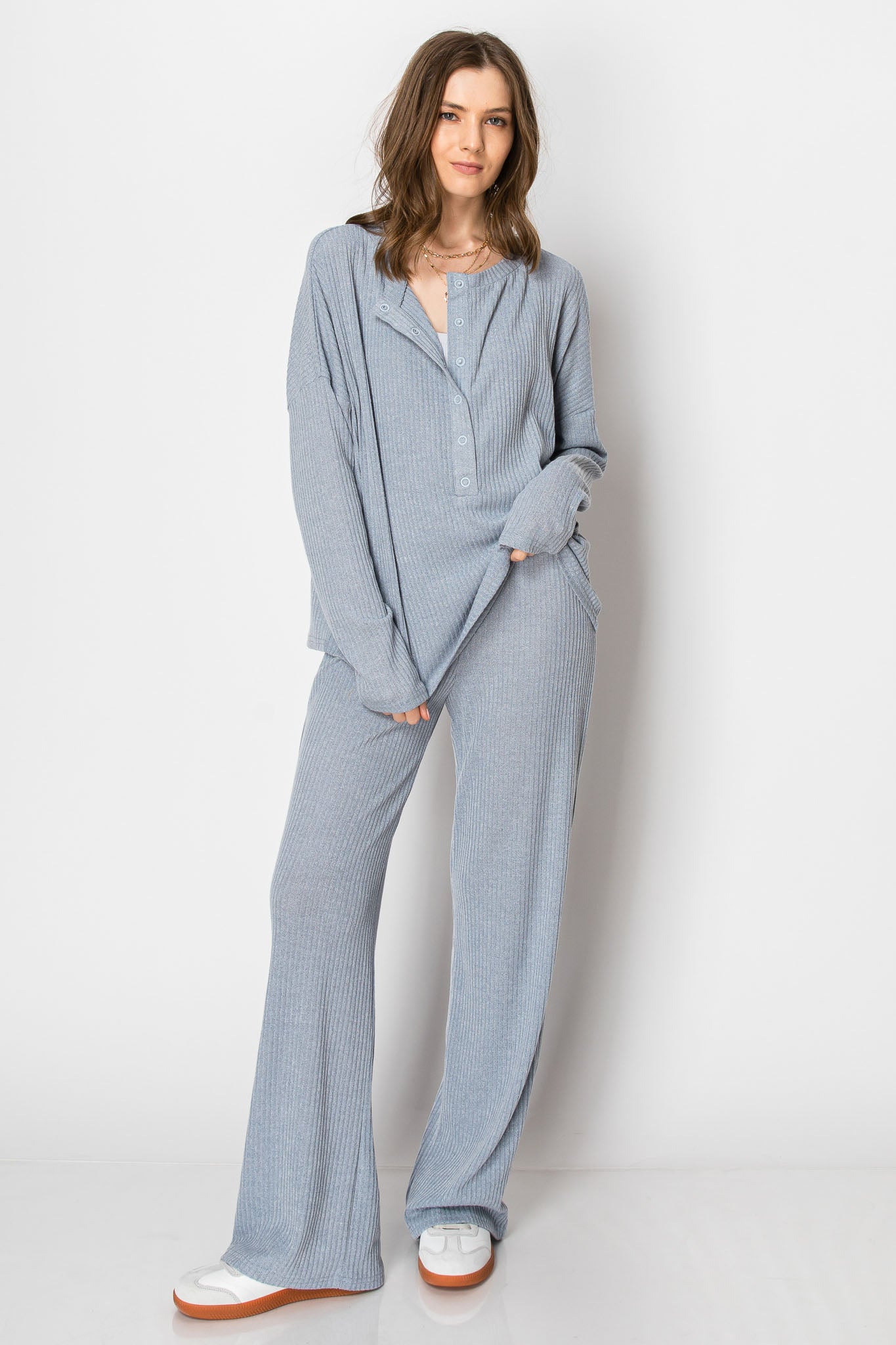 Ribbed Sweater Knit Snap Button PANT SET