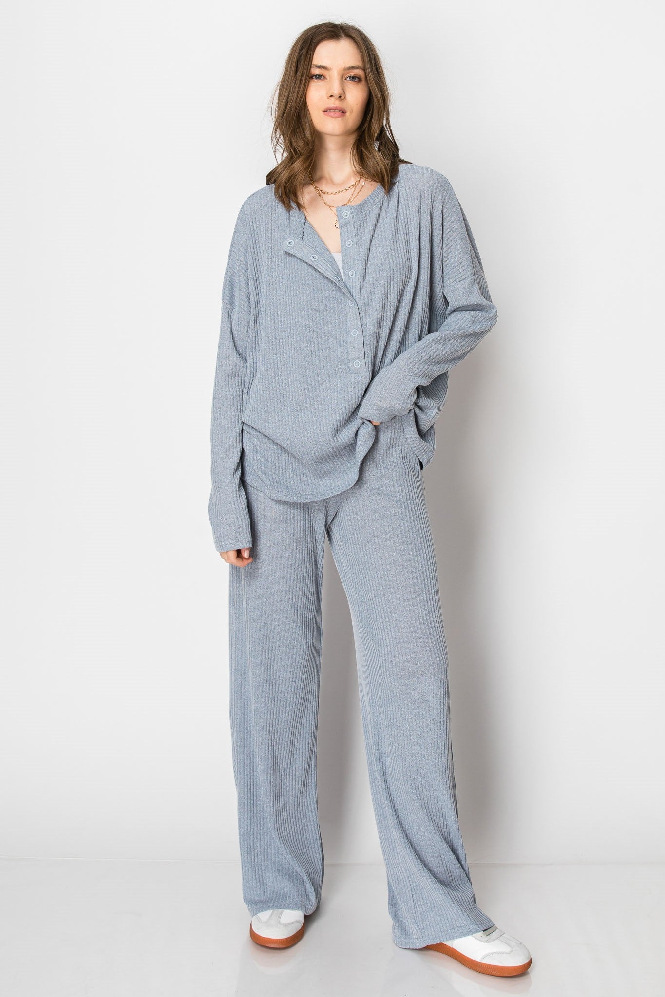 Ribbed Sweater Knit Snap Button PANT SET