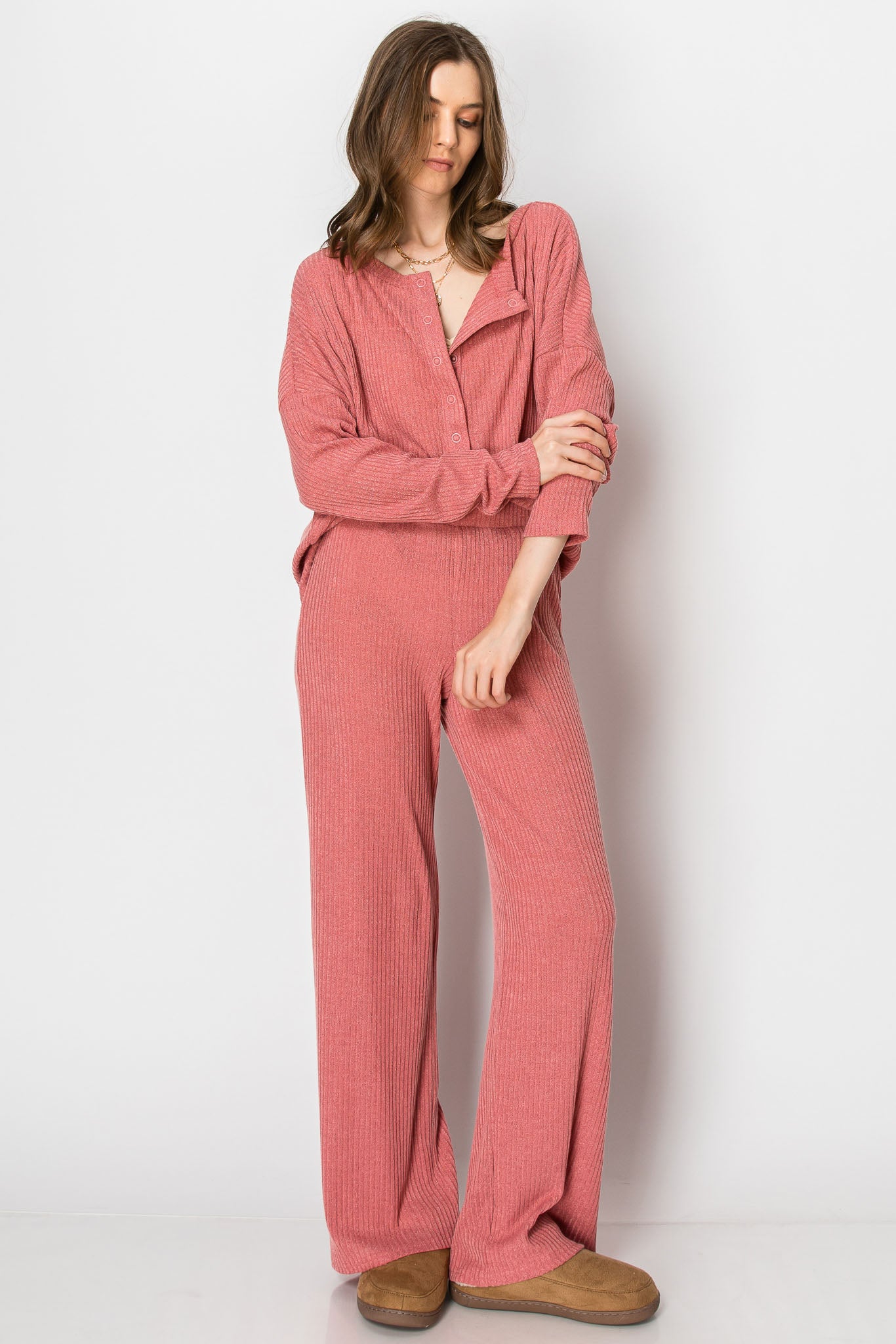 Ribbed Sweater Knit Snap Button PANT SET
