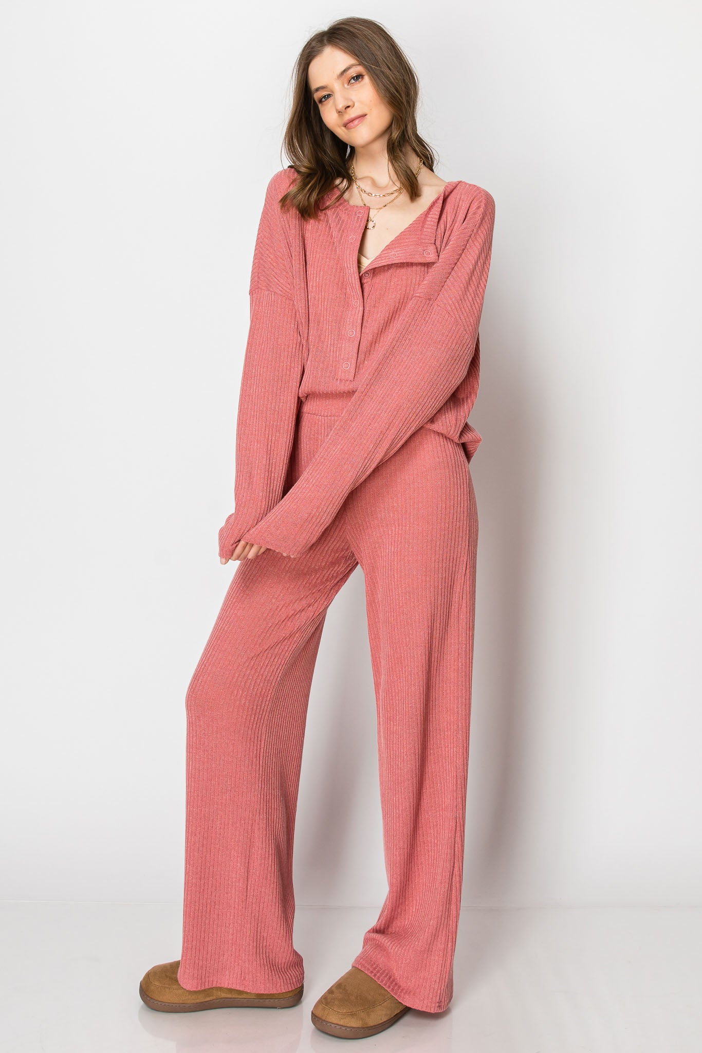 Ribbed Sweater Knit Snap Button PANT SET
