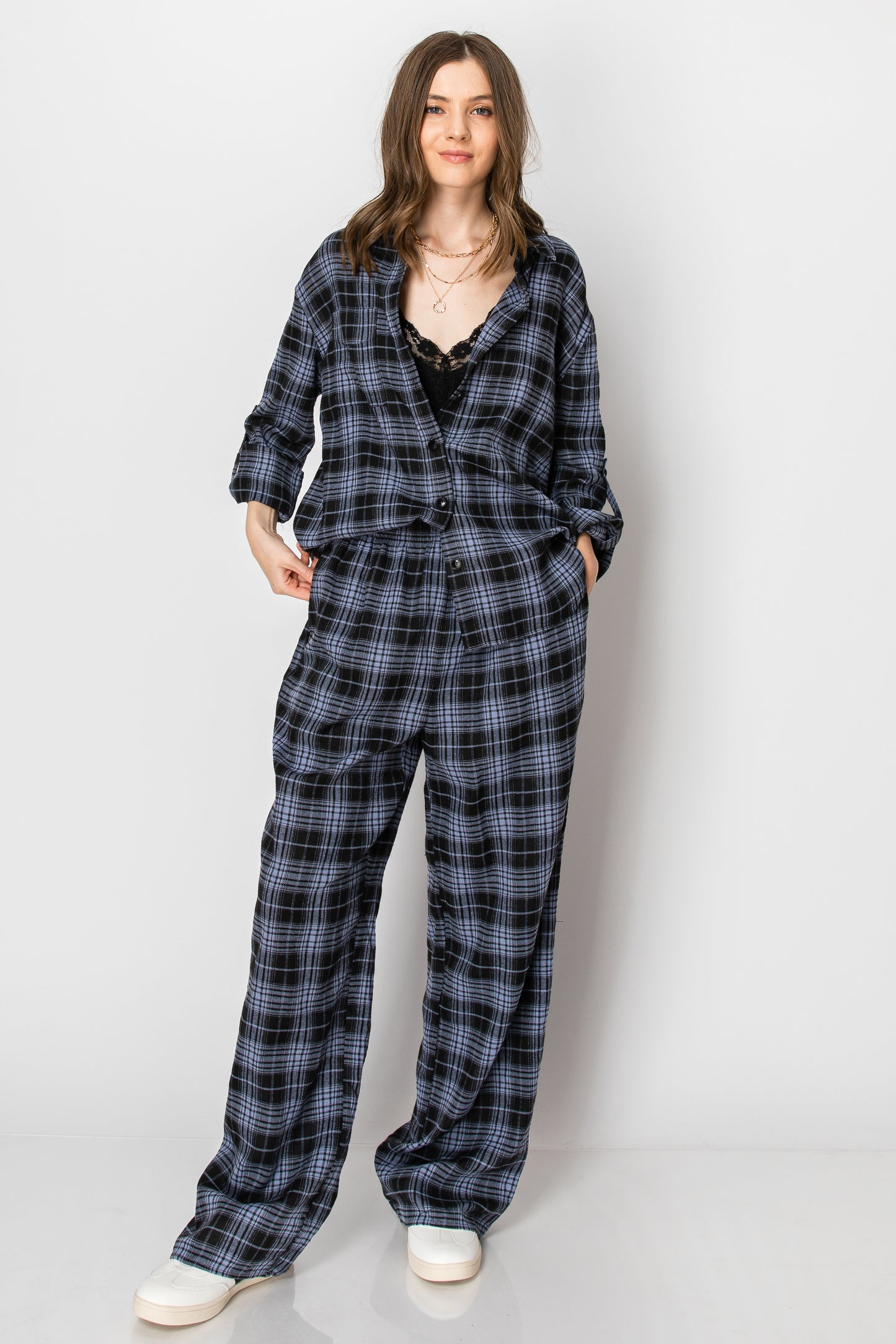 PLAID LONG SLEEVE BUTTON DOWN CASUAL WIDE LEG PANTS SET