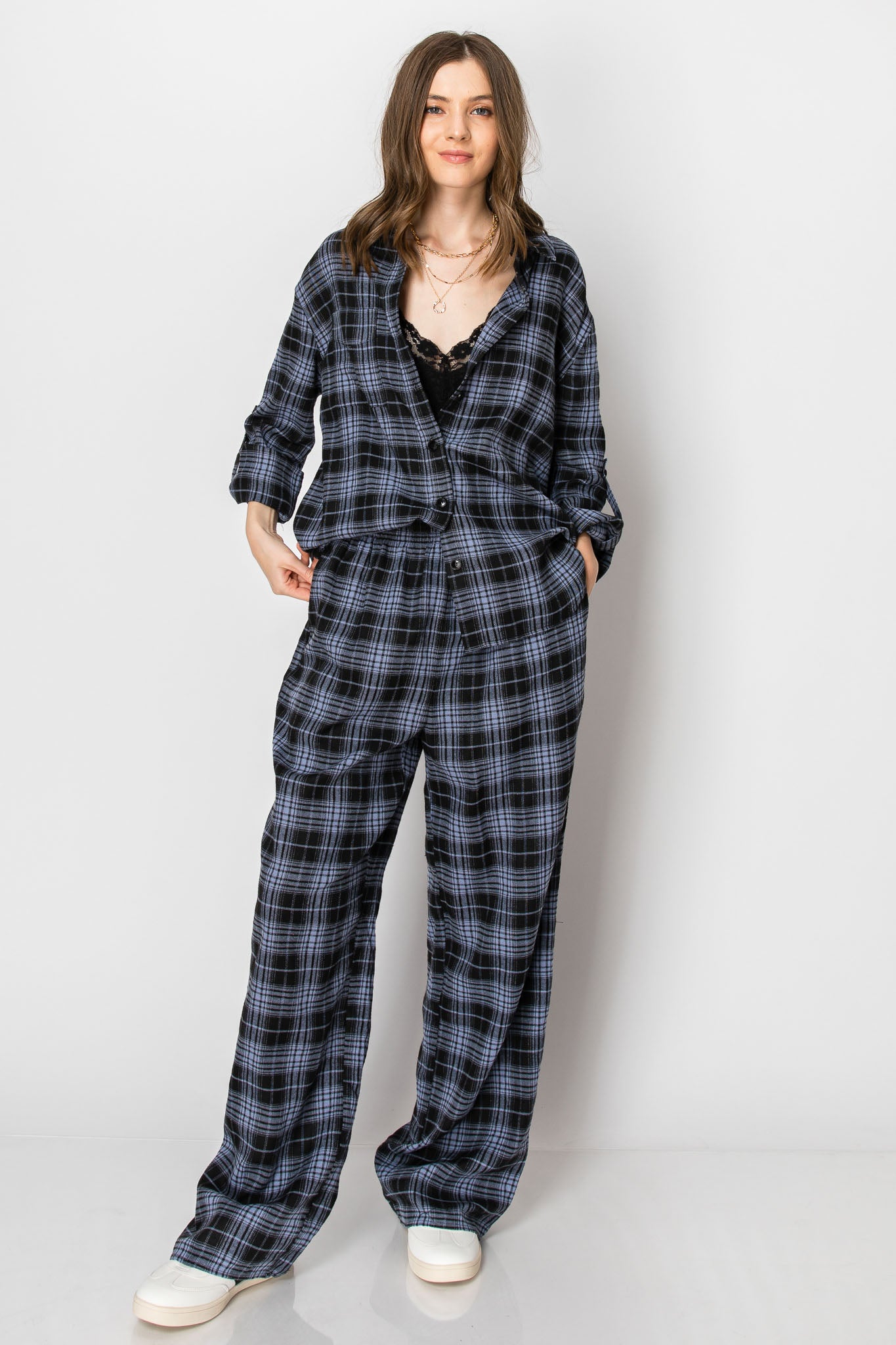 Holiday Flannel Plaid Button Down Wide Leg PANT SET