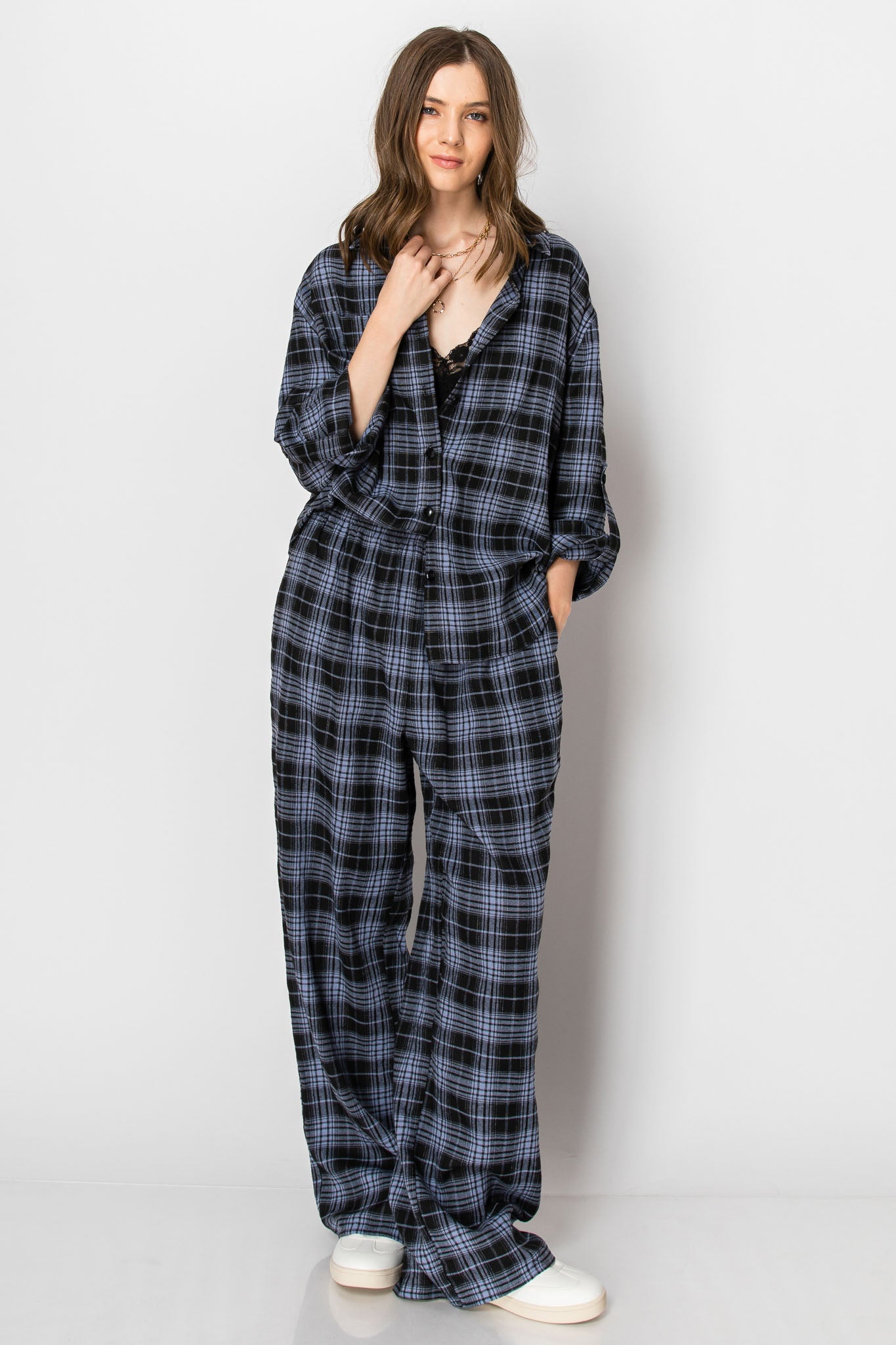 Holiday Flannel Plaid Button Down Wide Leg PANT SET