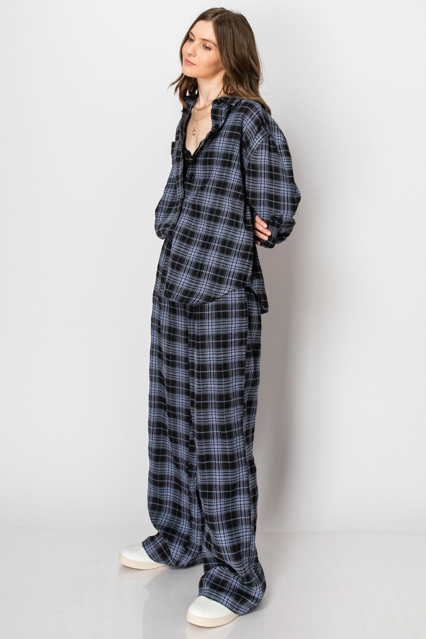 Holiday Flannel Plaid Button Down Wide Leg PANT SET