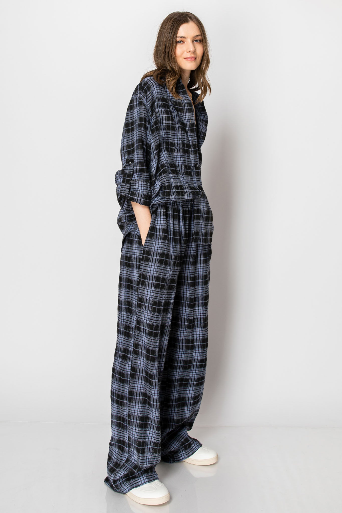 Holiday Flannel Plaid Button Down Wide Leg PANT SET