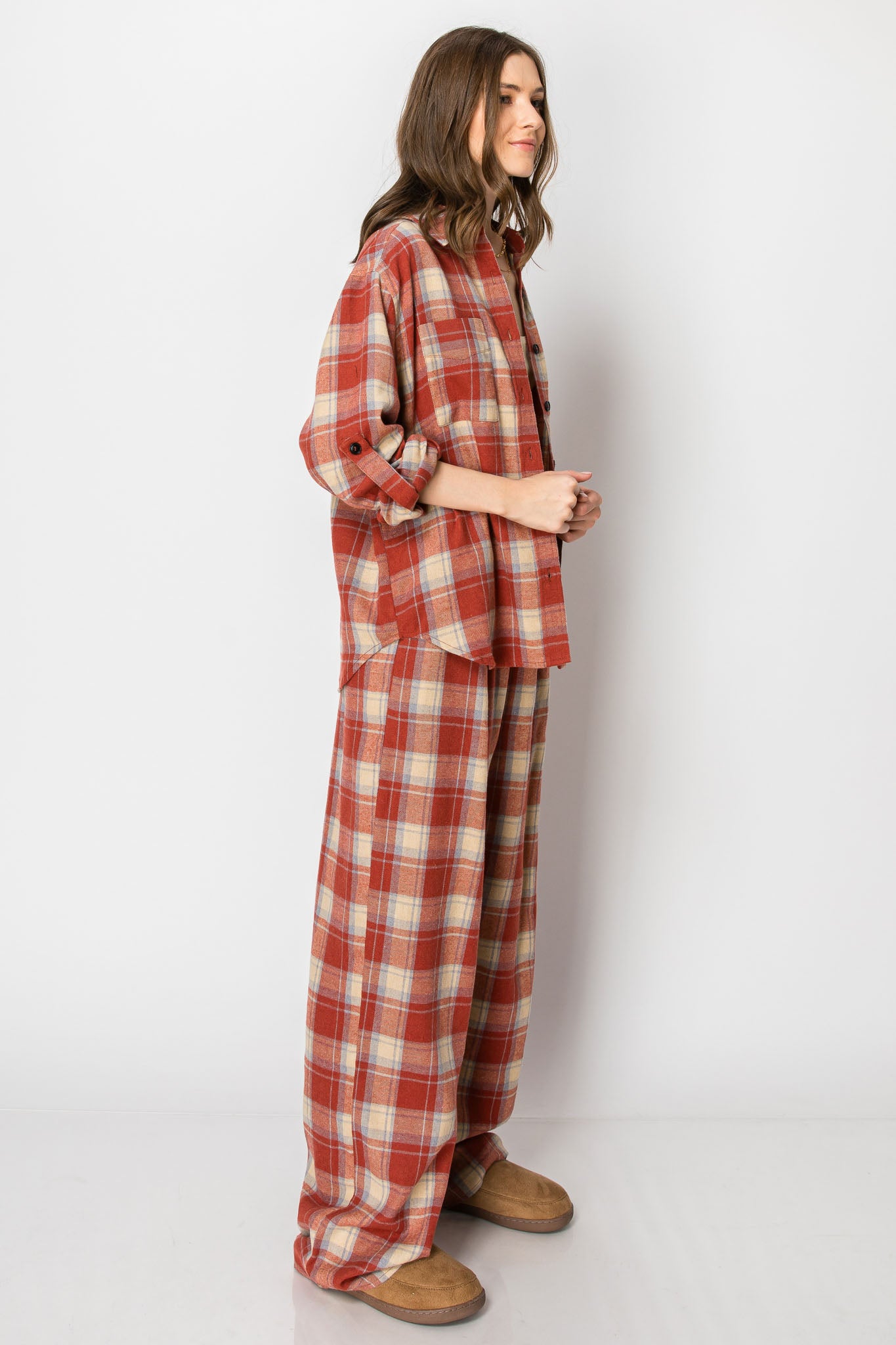 PLAID LONG SLEEVE BUTTON DOWN CASUAL WIDE LEG PANTS SET