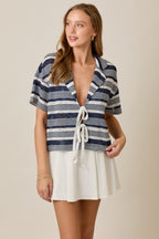 Double Bow Tie Variegated Stripe Short Sleeve Knit Top