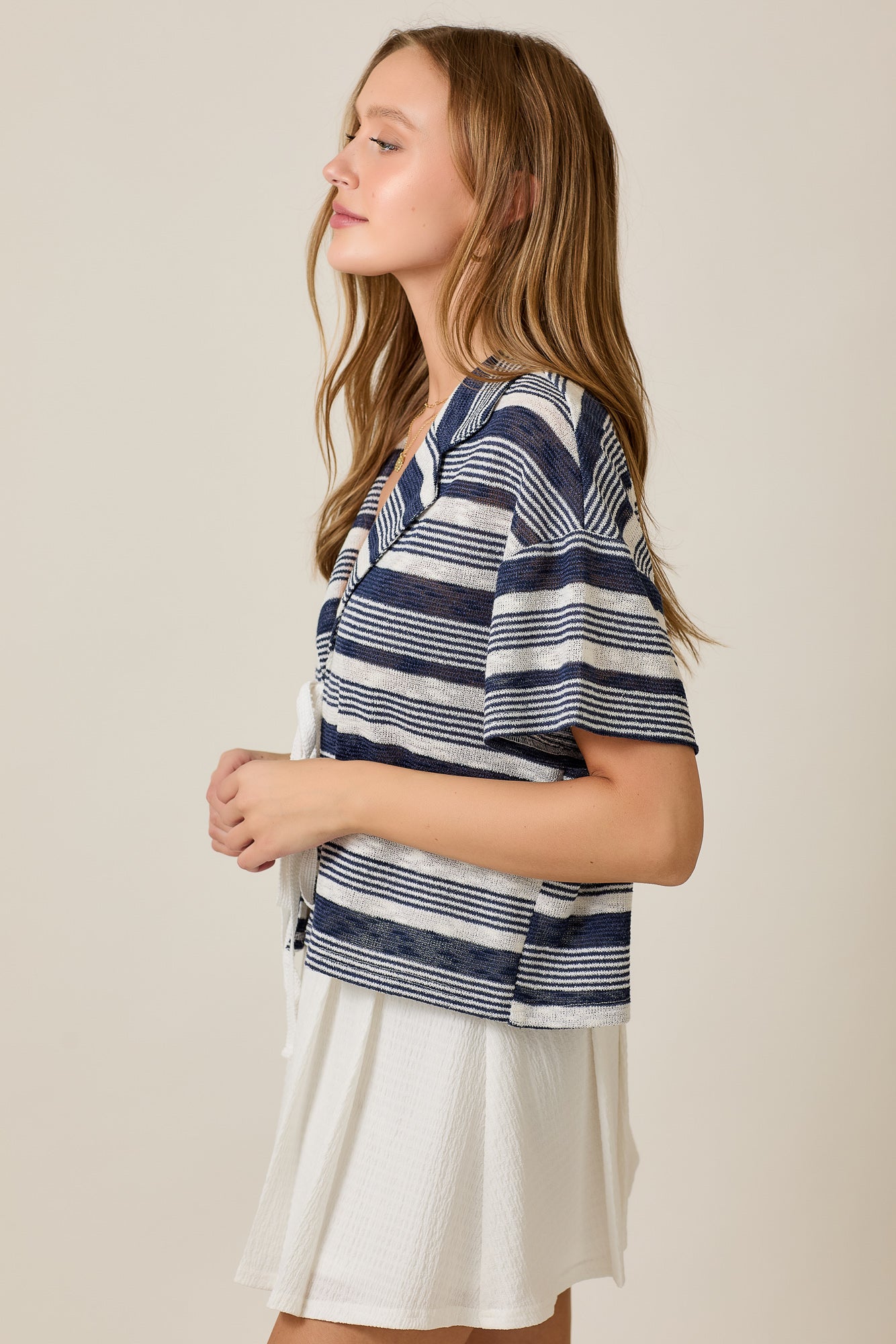 Double Bow Tie Variegated Stripe Short Sleeve Knit Top
