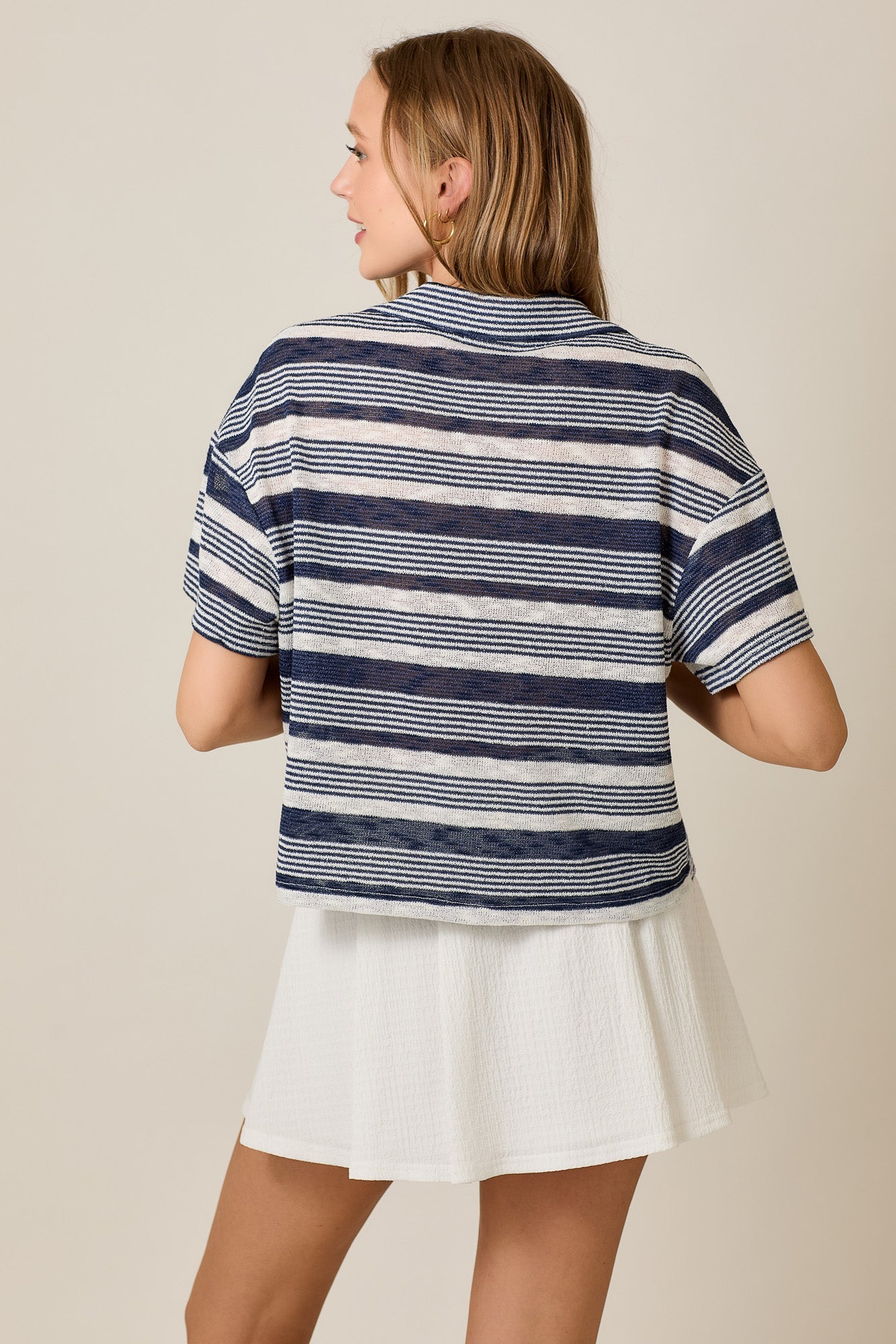 Double Bow Tie Variegated Stripe Short Sleeve Knit Top
